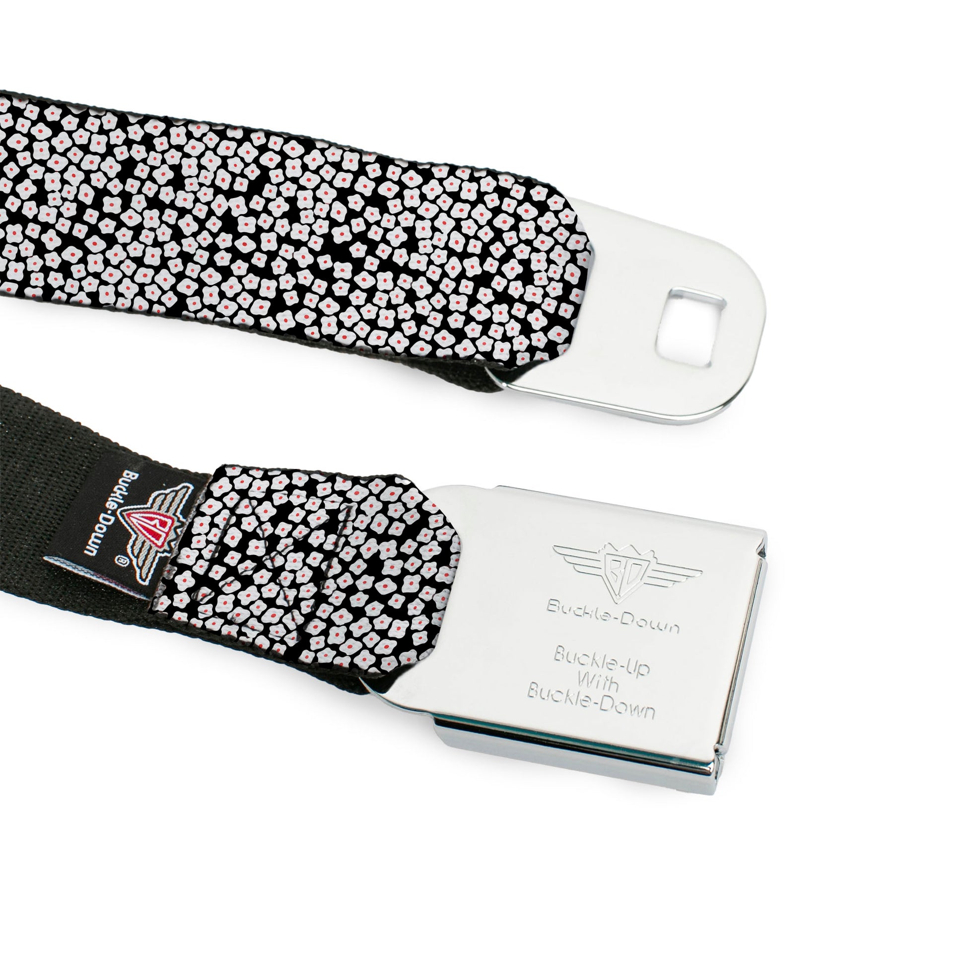 BD Wings Logo CLOSE-UP Full Color Black Silver Seatbelt Belt - Ditsy Floral Black/White/Red Webbing Seatbelt Belts Buckle-Down