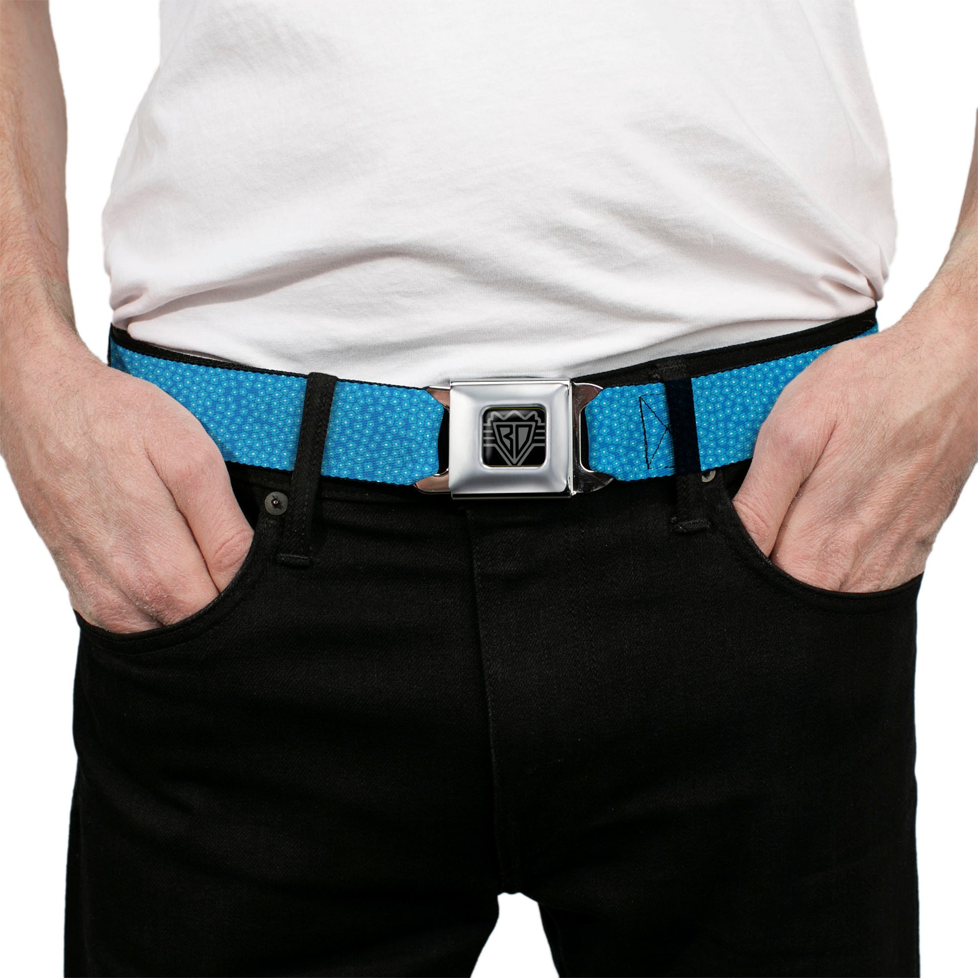 BD Wings Logo CLOSE-UP Full Color Black Silver Seatbelt Belt - Ditsy Floral Blue/Light Blue/White Webbing Seatbelt Belts Buckle-Down
