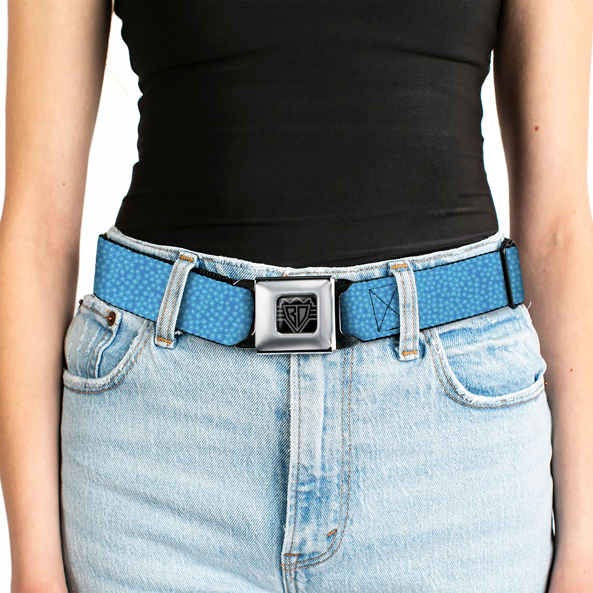 BD Wings Logo CLOSE-UP Full Color Black Silver Seatbelt Belt - Ditsy Floral Blue/Light Blue/White Webbing Seatbelt Belts Buckle-Down