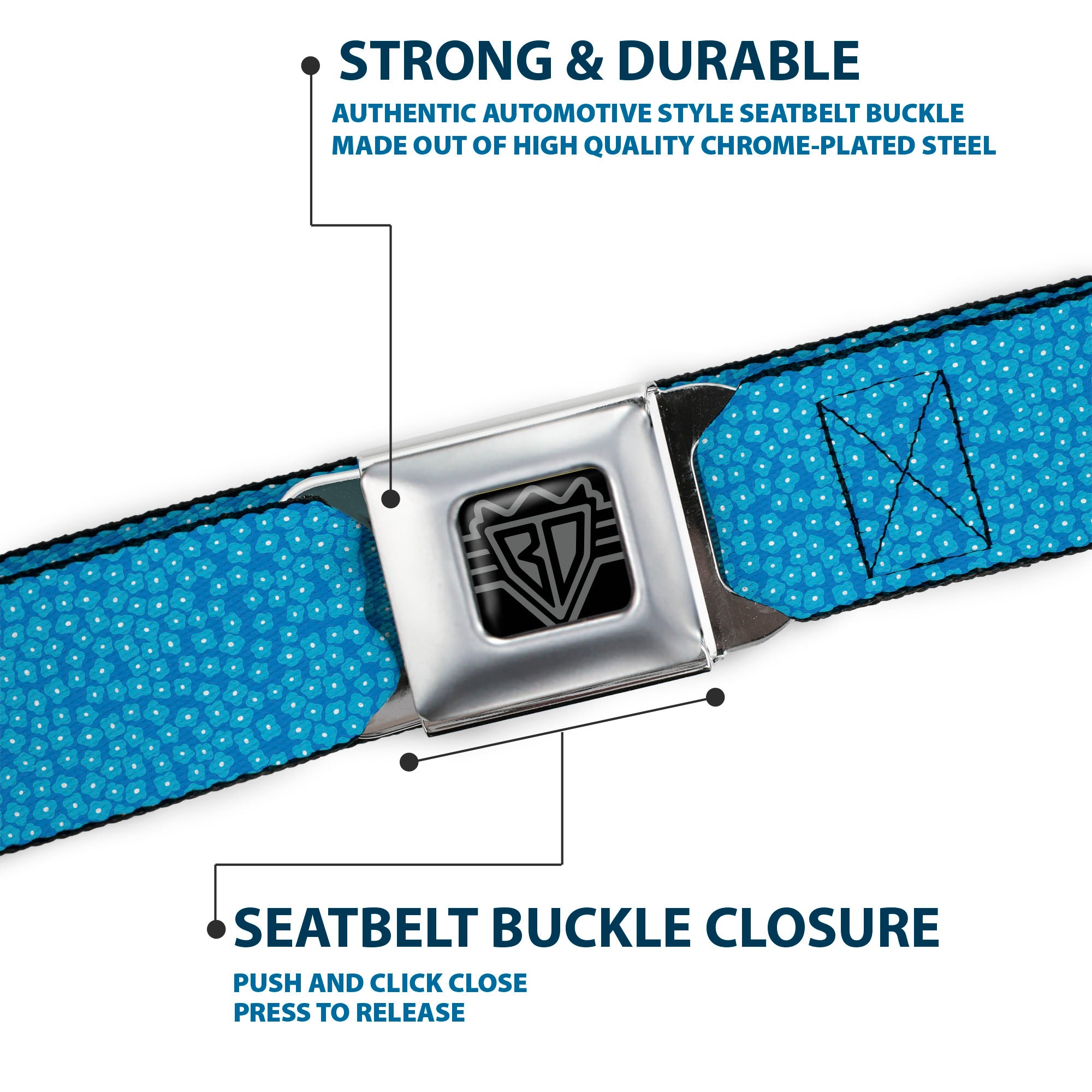 BD Wings Logo CLOSE-UP Full Color Black Silver Seatbelt Belt - Ditsy Floral Blue/Light Blue/White Webbing Seatbelt Belts Buckle-Down