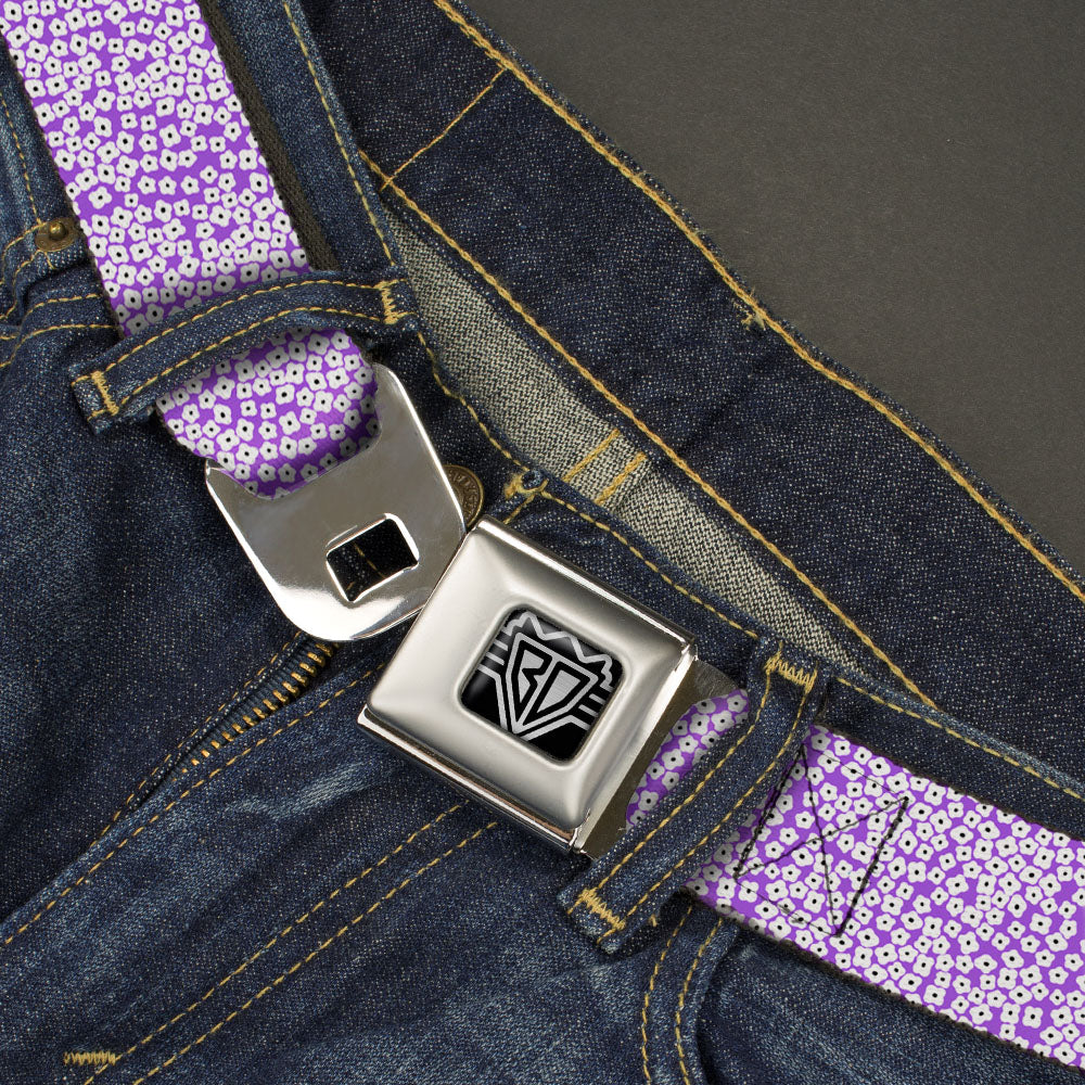 BD Wings Logo CLOSE-UP Full Color Black Silver Seatbelt Belt - Ditsy Floral Lavender/White/Black Webbing Seatbelt Belts Buckle-Down