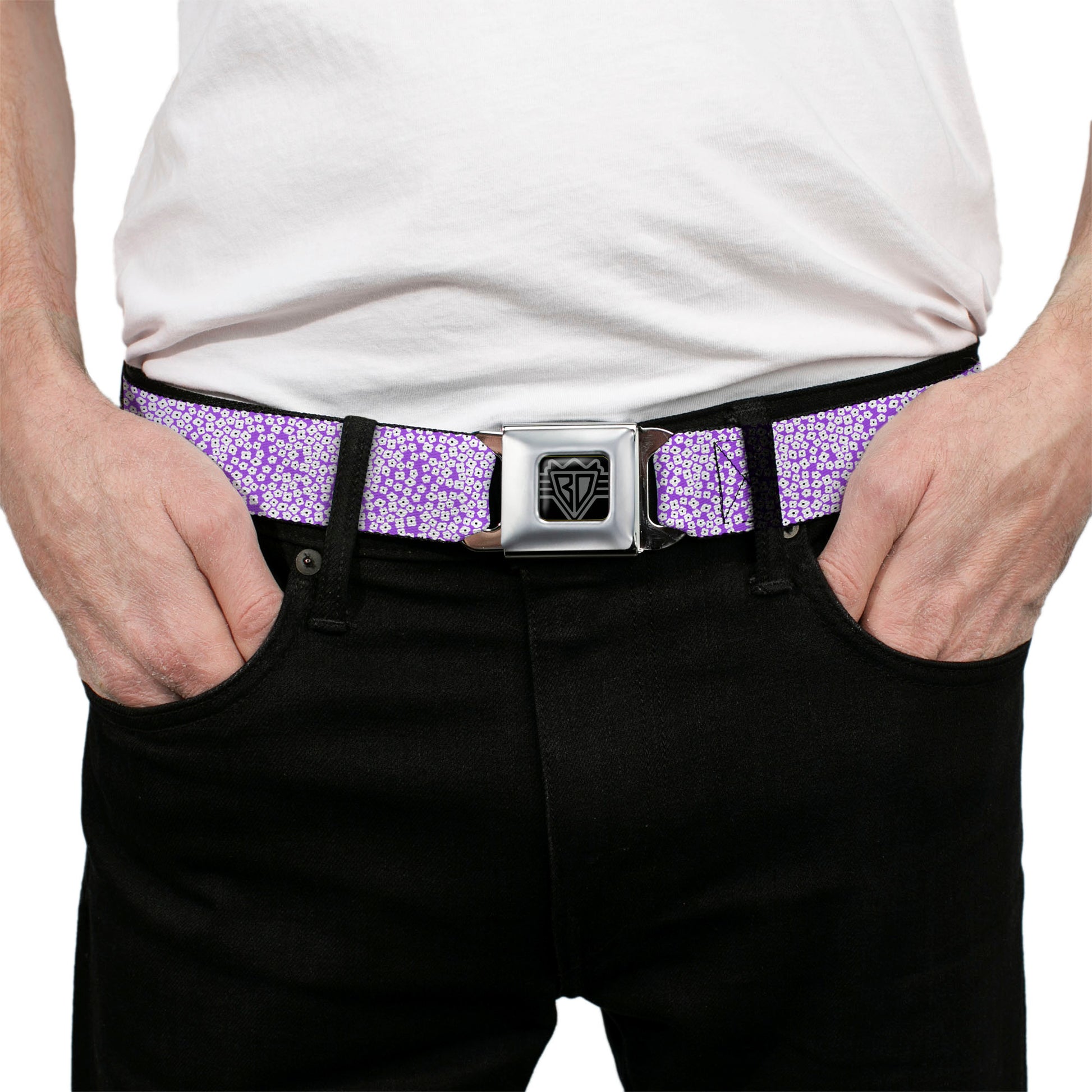 BD Wings Logo CLOSE-UP Full Color Black Silver Seatbelt Belt - Ditsy Floral Lavender/White/Black Webbing Seatbelt Belts Buckle-Down