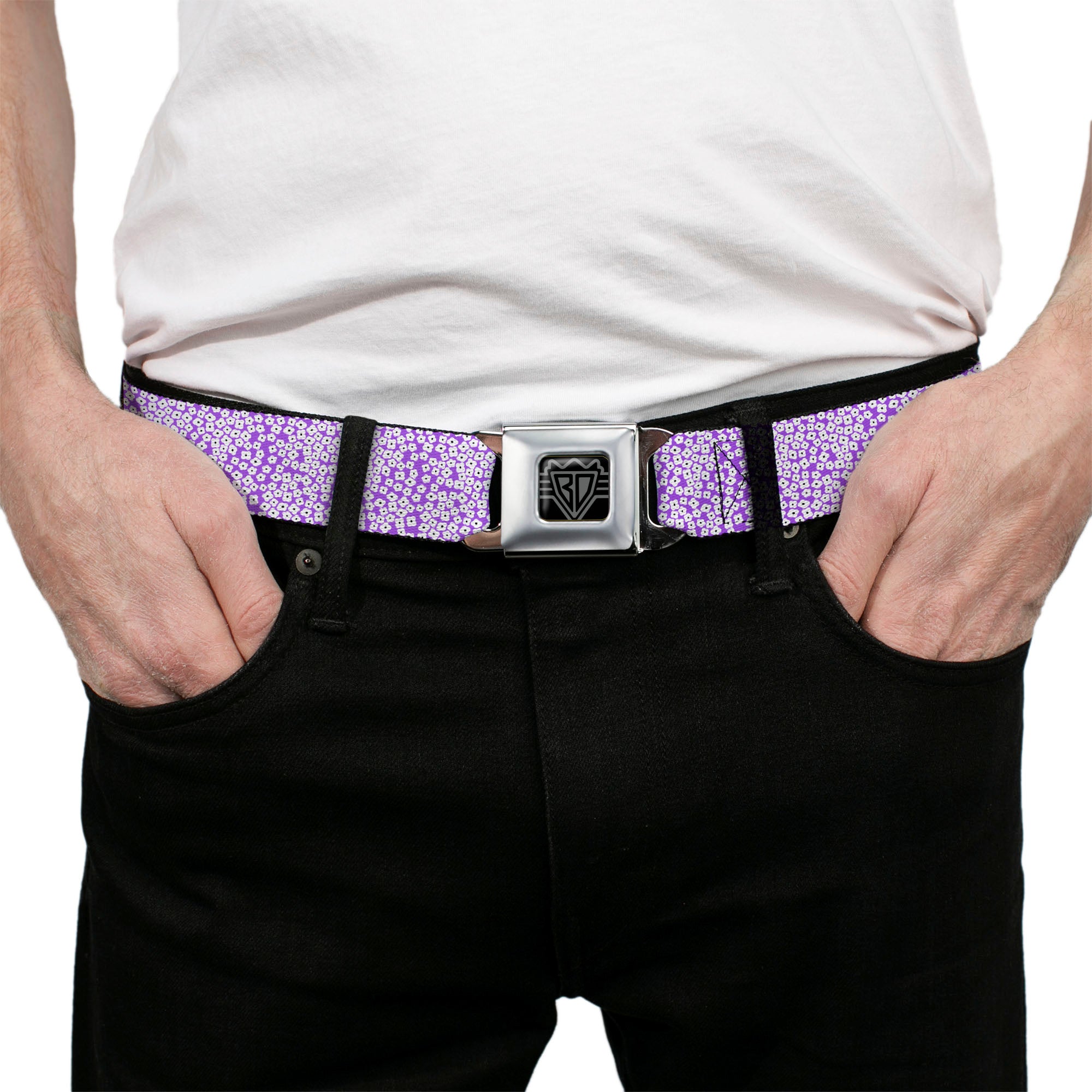 BD Wings Logo CLOSE-UP Full Color Black Silver Seatbelt Belt - Ditsy Floral Lavender/White/Black Webbing Seatbelt Belts Buckle-Down