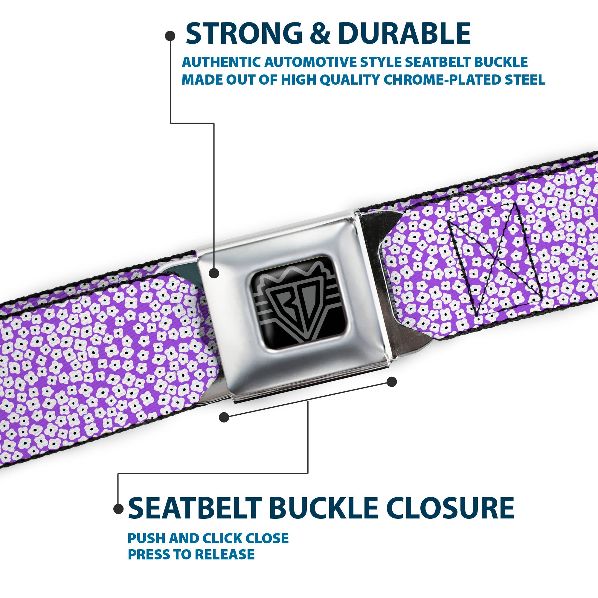 BD Wings Logo CLOSE-UP Full Color Black Silver Seatbelt Belt - Ditsy Floral Lavender/White/Black Webbing Seatbelt Belts Buckle-Down