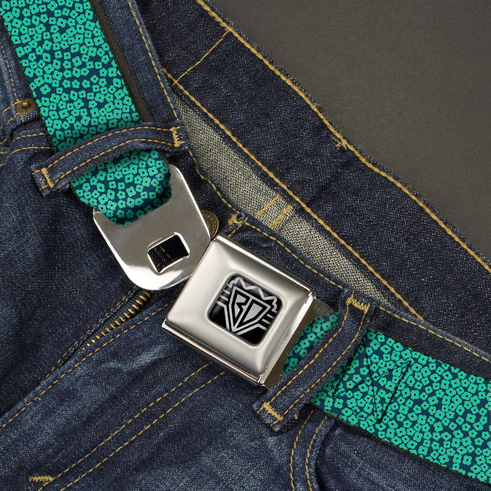 BD Wings Logo CLOSE-UP Full Color Black Silver Seatbelt Belt - Ditsy Floral Teal/Light Teal/Teal Webbing Seatbelt Belts Buckle-Down