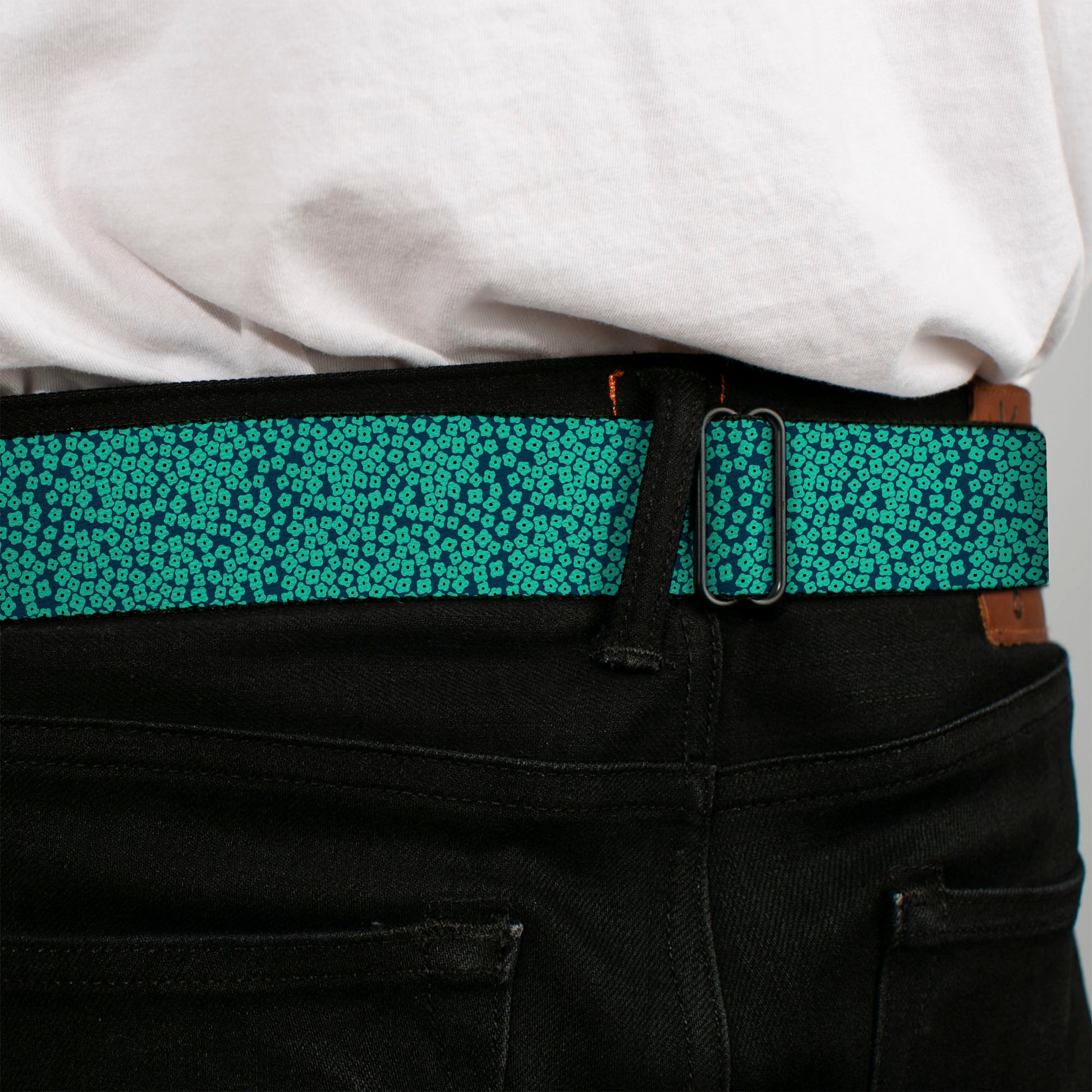 BD Wings Logo CLOSE-UP Full Color Black Silver Seatbelt Belt - Ditsy Floral Teal/Light Teal/Teal Webbing Seatbelt Belts Buckle-Down