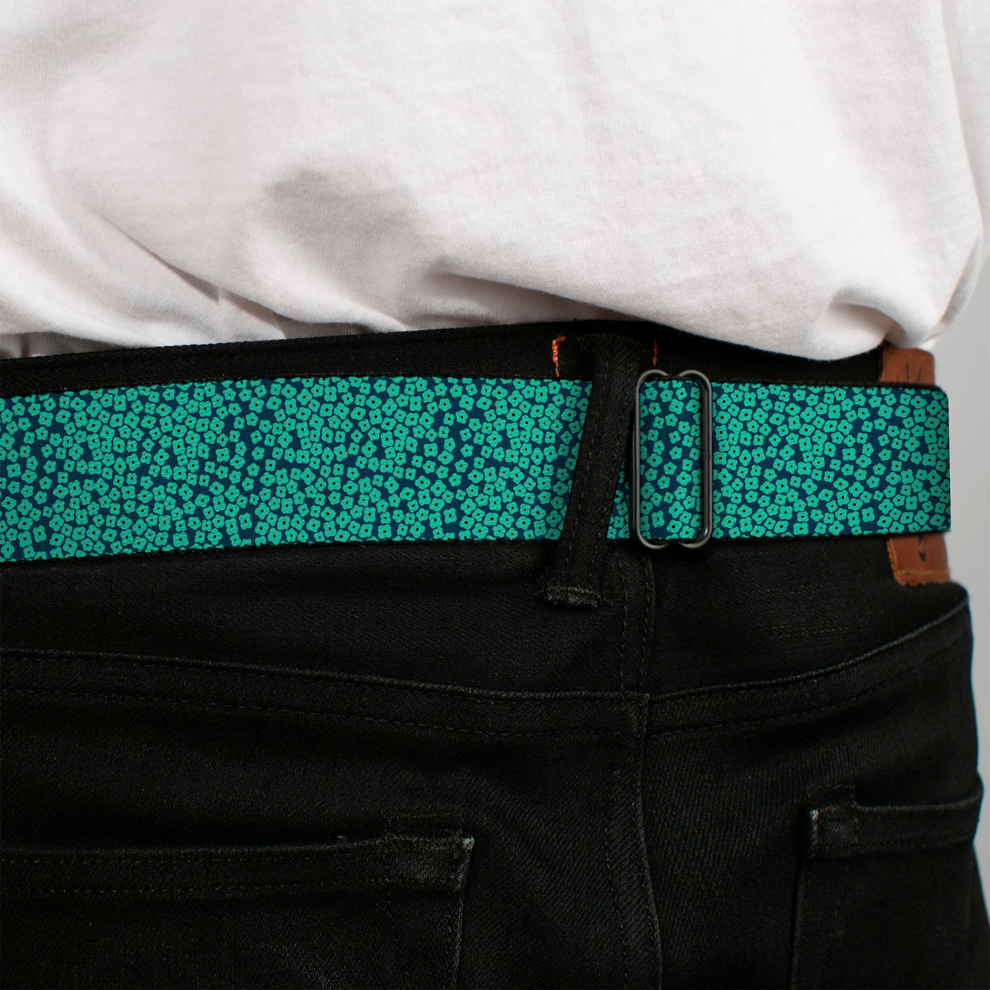 BD Wings Logo CLOSE-UP Full Color Black Silver Seatbelt Belt - Ditsy Floral Teal/Light Teal/Teal Webbing Seatbelt Belts Buckle-Down
