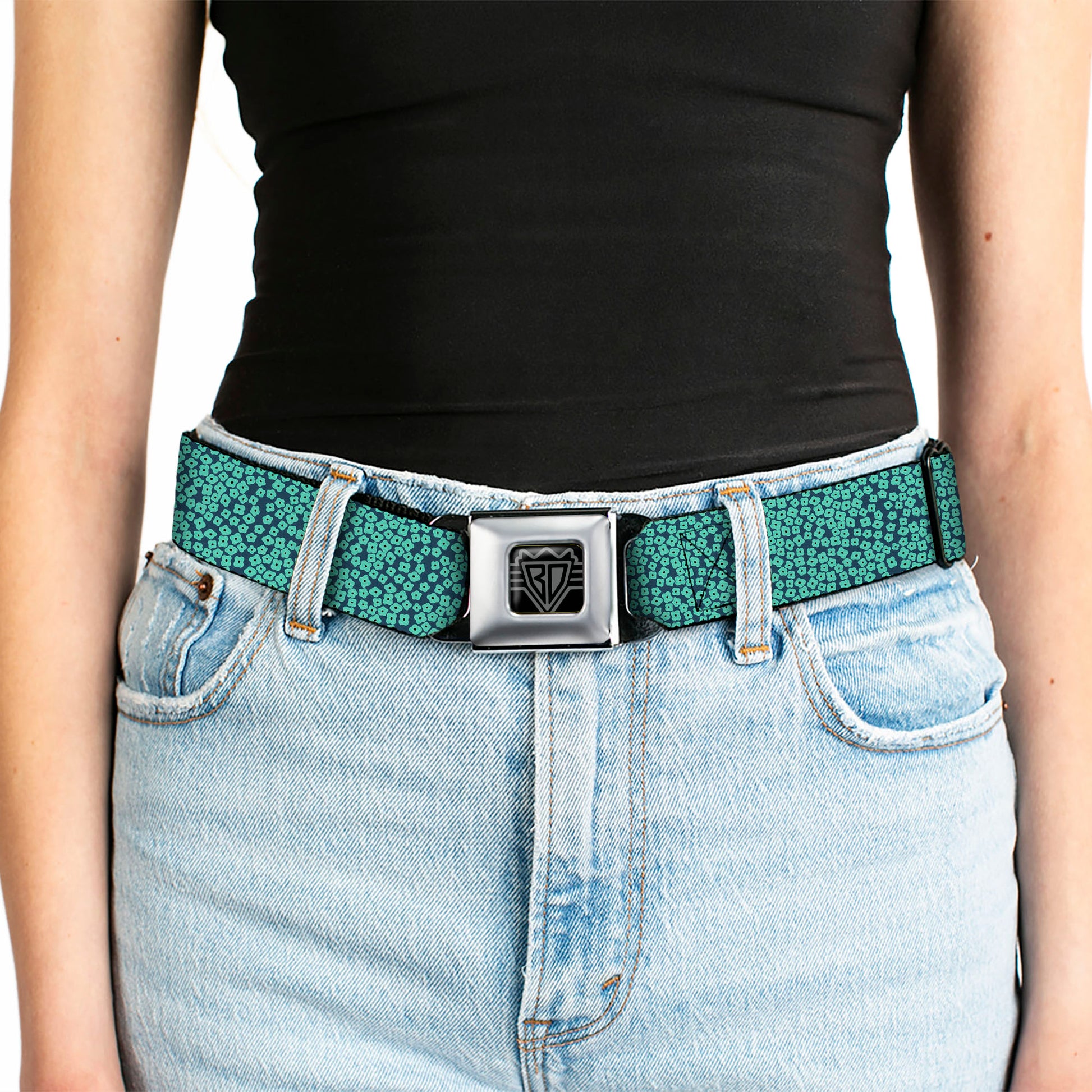 BD Wings Logo CLOSE-UP Full Color Black Silver Seatbelt Belt - Ditsy Floral Teal/Light Teal/Teal Webbing Seatbelt Belts Buckle-Down
