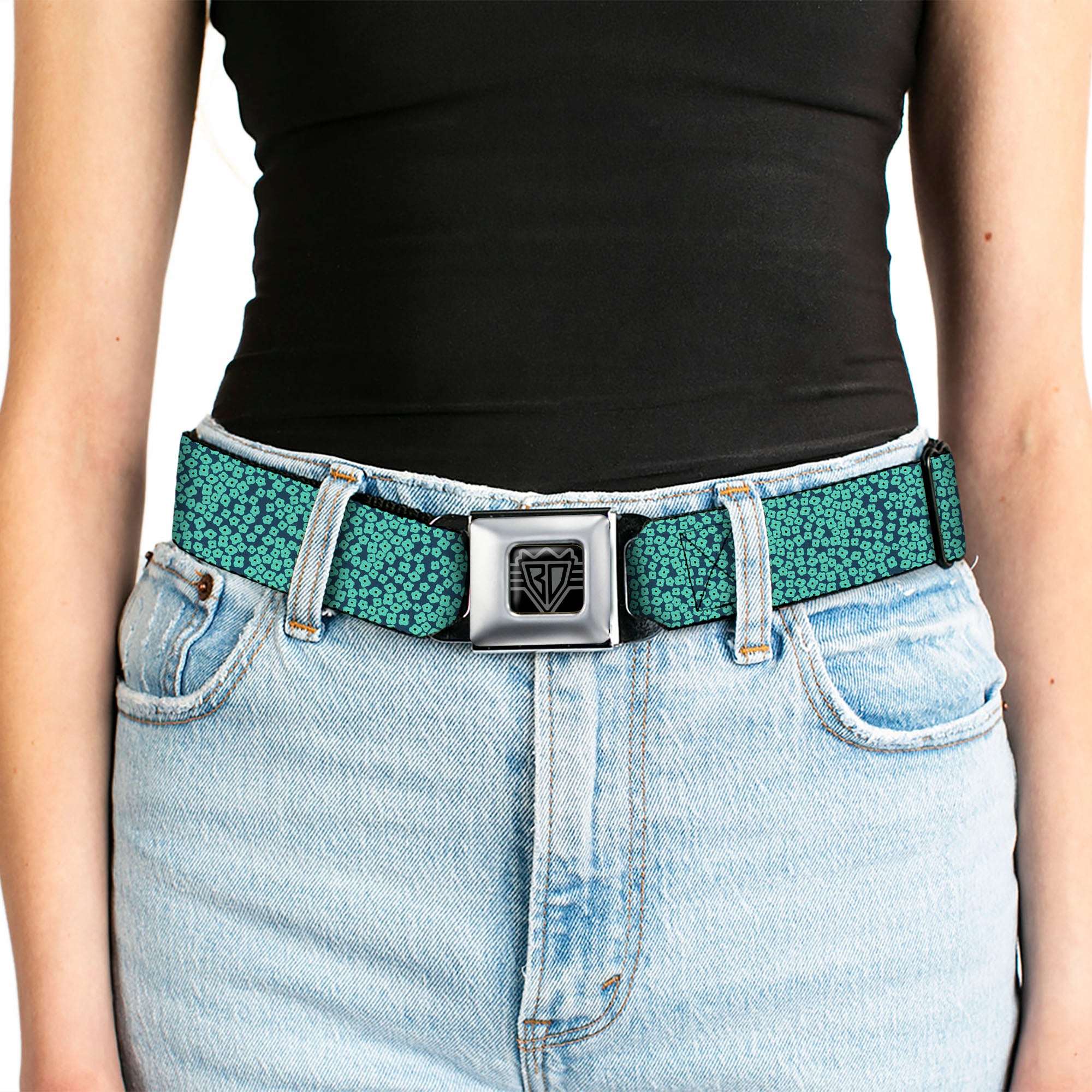 BD Wings Logo CLOSE-UP Full Color Black Silver Seatbelt Belt - Ditsy Floral Teal/Light Teal/Teal Webbing Seatbelt Belts Buckle-Down