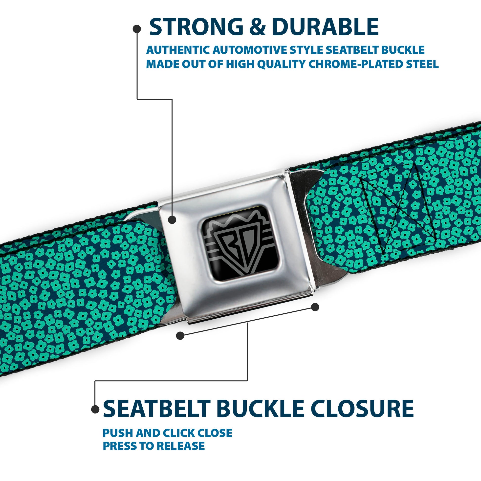 BD Wings Logo CLOSE-UP Full Color Black Silver Seatbelt Belt - Ditsy Floral Teal/Light Teal/Teal Webbing Seatbelt Belts Buckle-Down