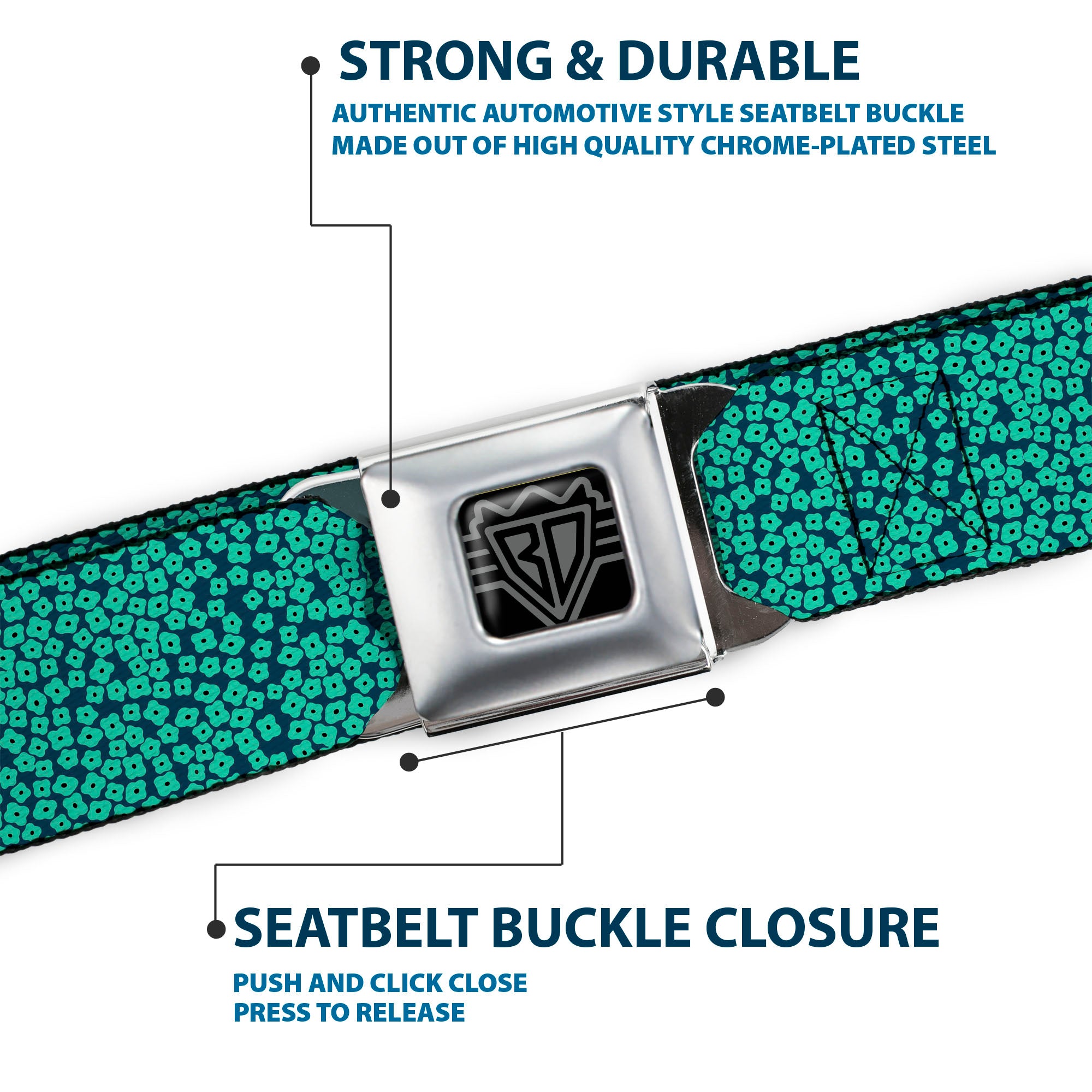 BD Wings Logo CLOSE-UP Full Color Black Silver Seatbelt Belt - Ditsy Floral Teal/Light Teal/Teal Webbing Seatbelt Belts Buckle-Down