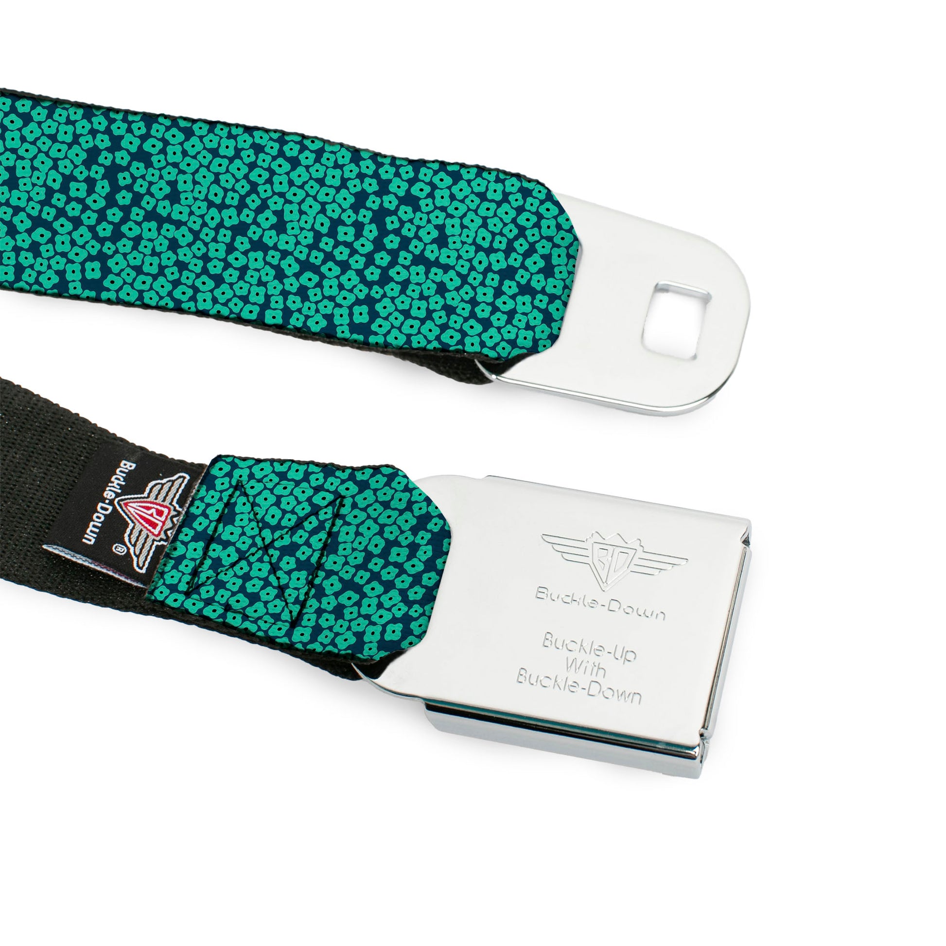 BD Wings Logo CLOSE-UP Full Color Black Silver Seatbelt Belt - Ditsy Floral Teal/Light Teal/Teal Webbing Seatbelt Belts Buckle-Down