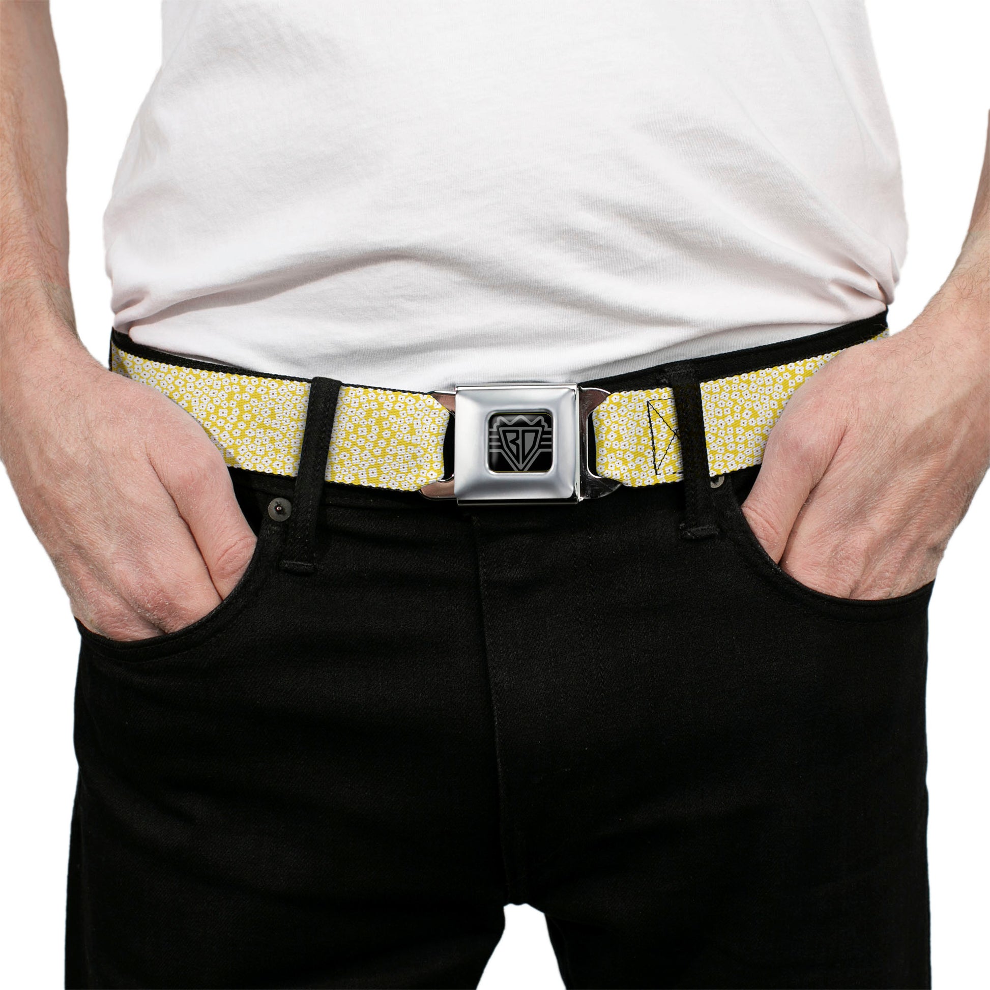 BD Wings Logo CLOSE-UP Full Color Black Silver Seatbelt Belt - Ditsy Floral Yellow/White/Brown Webbing Seatbelt Belts Buckle-Down