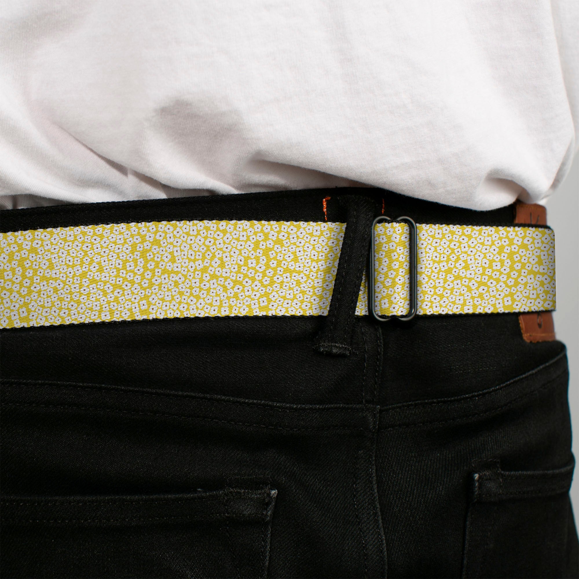 BD Wings Logo CLOSE-UP Full Color Black Silver Seatbelt Belt - Ditsy Floral Yellow/White/Brown Webbing Seatbelt Belts Buckle-Down