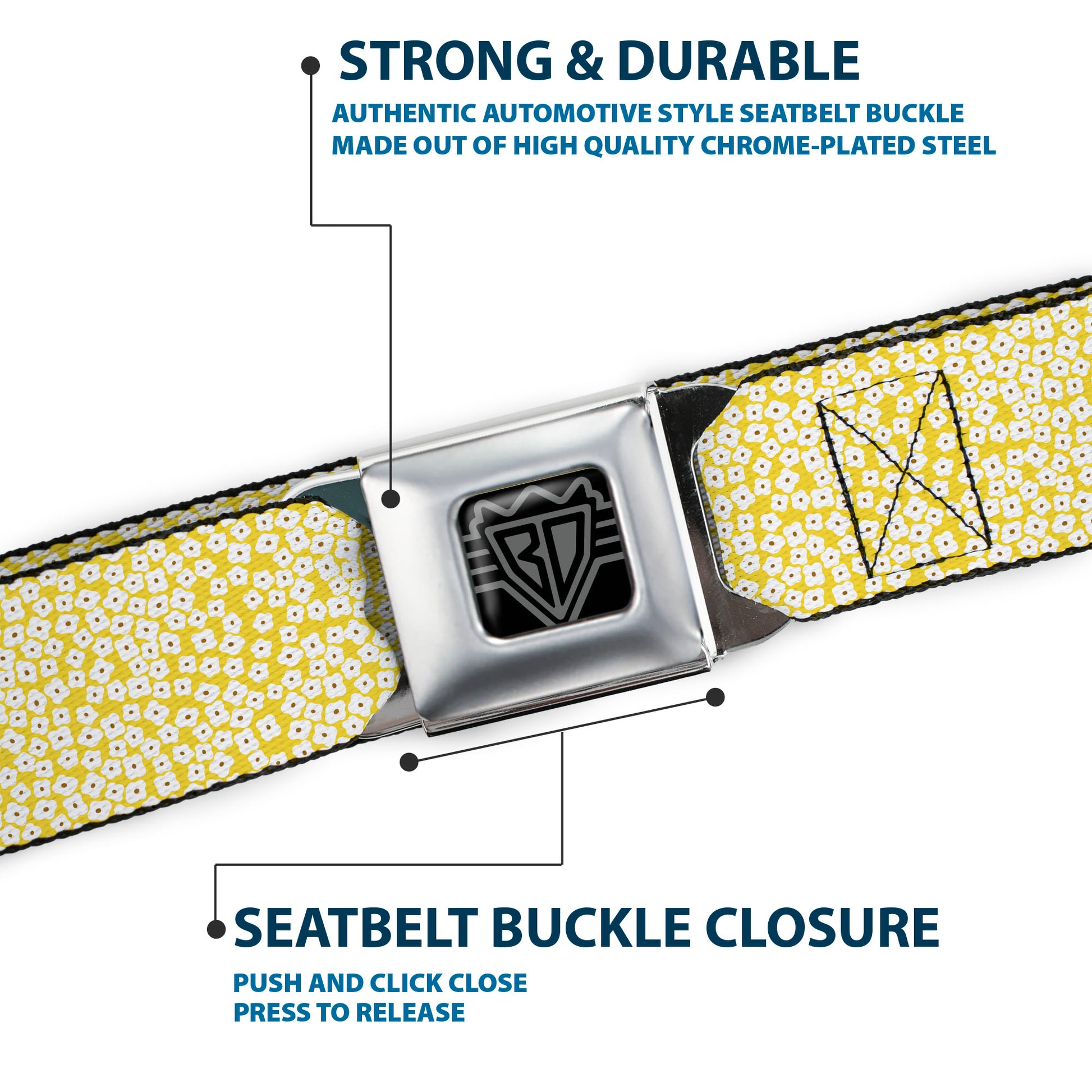 BD Wings Logo CLOSE-UP Full Color Black Silver Seatbelt Belt - Ditsy Floral Yellow/White/Brown Webbing Seatbelt Belts Buckle-Down