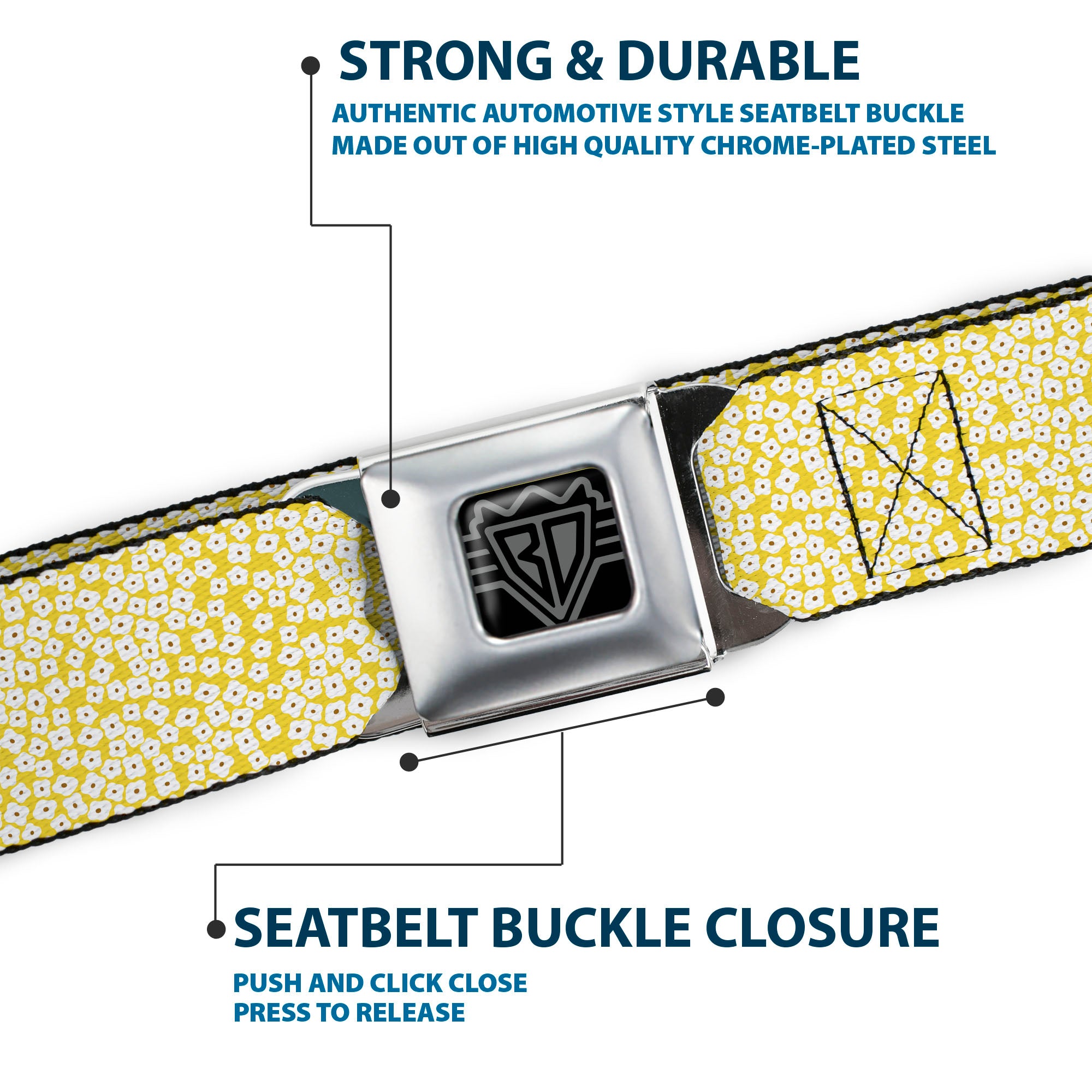 BD Wings Logo CLOSE-UP Full Color Black Silver Seatbelt Belt - Ditsy Floral Yellow/White/Brown Webbing Seatbelt Belts Buckle-Down