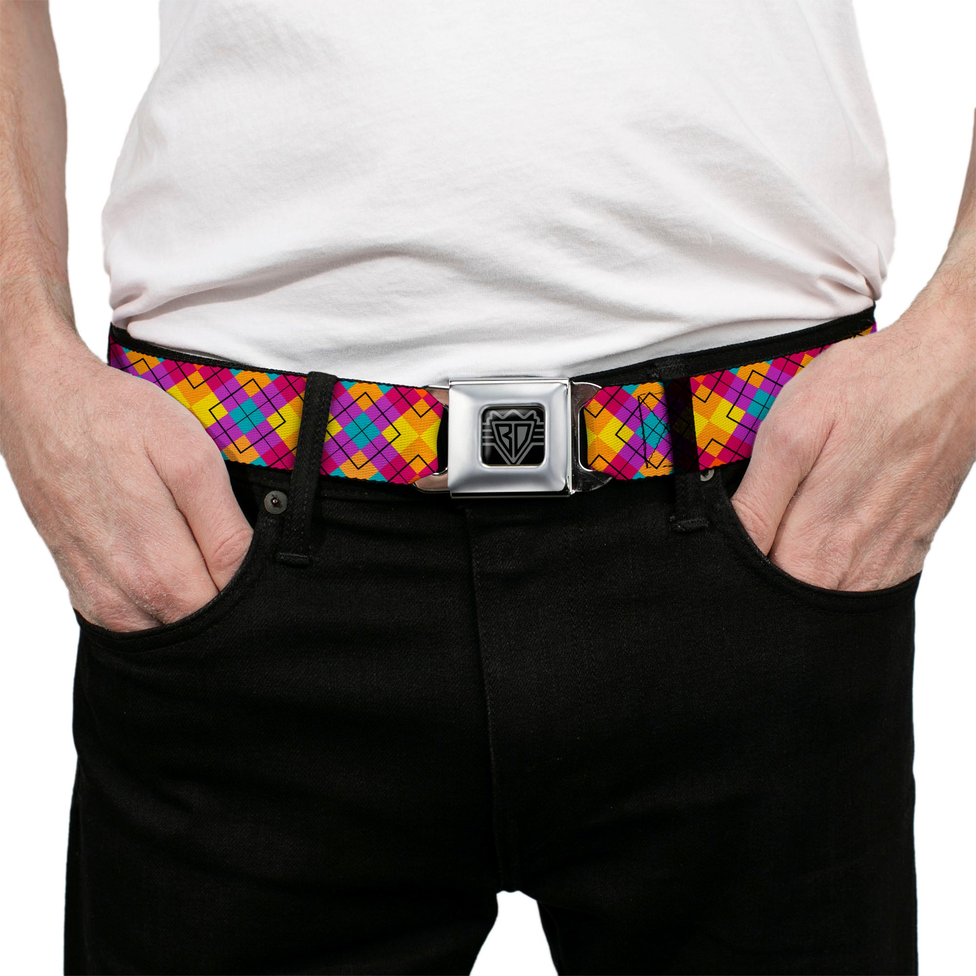 BD Wings Logo CLOSE-UP Full Color Black Silver Seatbelt Belt - Diamond Plaid Orange/Yellow/Blue/Purple/Fuchsia Webbing Seatbelt Belts Buckle-Down