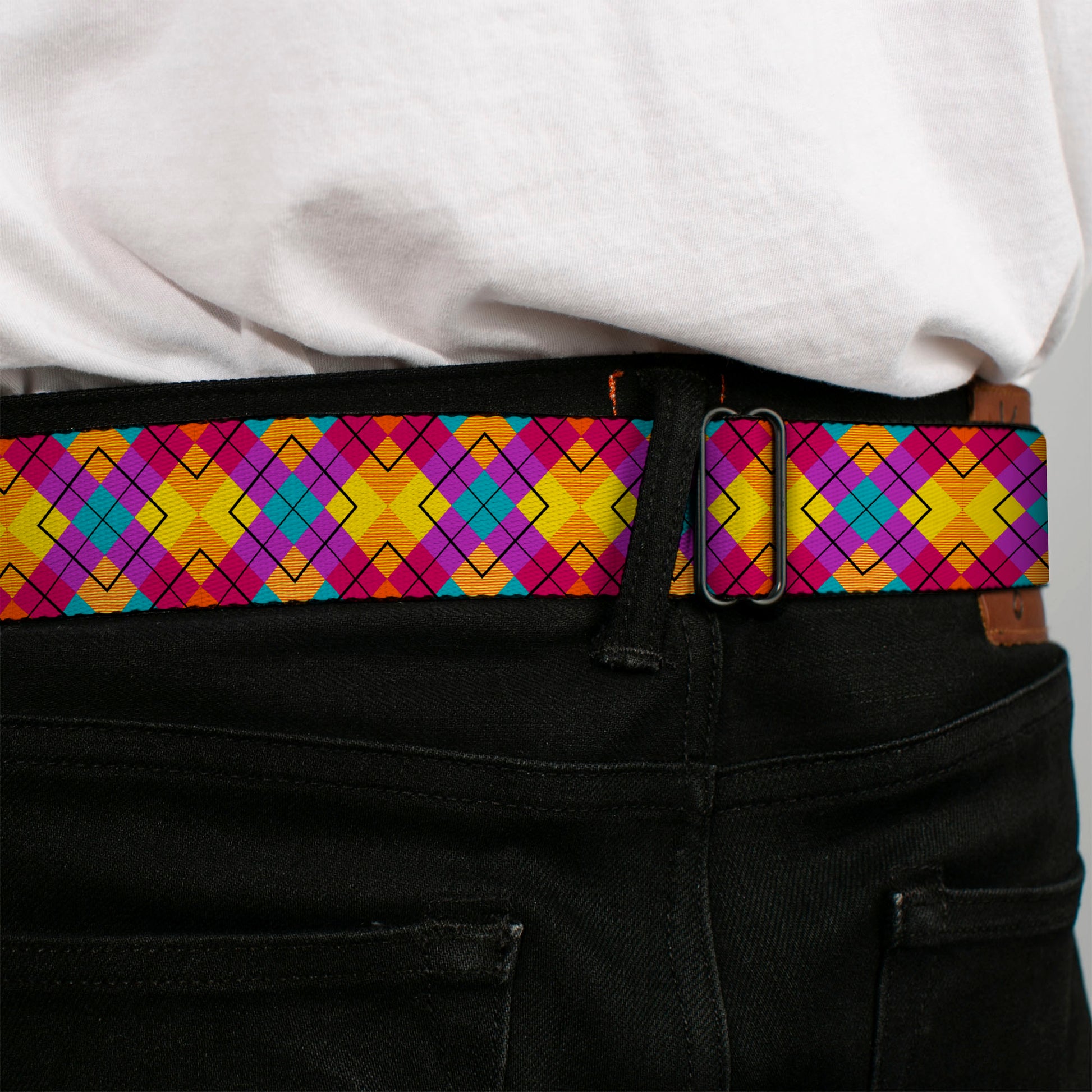 BD Wings Logo CLOSE-UP Full Color Black Silver Seatbelt Belt - Diamond Plaid Orange/Yellow/Blue/Purple/Fuchsia Webbing Seatbelt Belts Buckle-Down