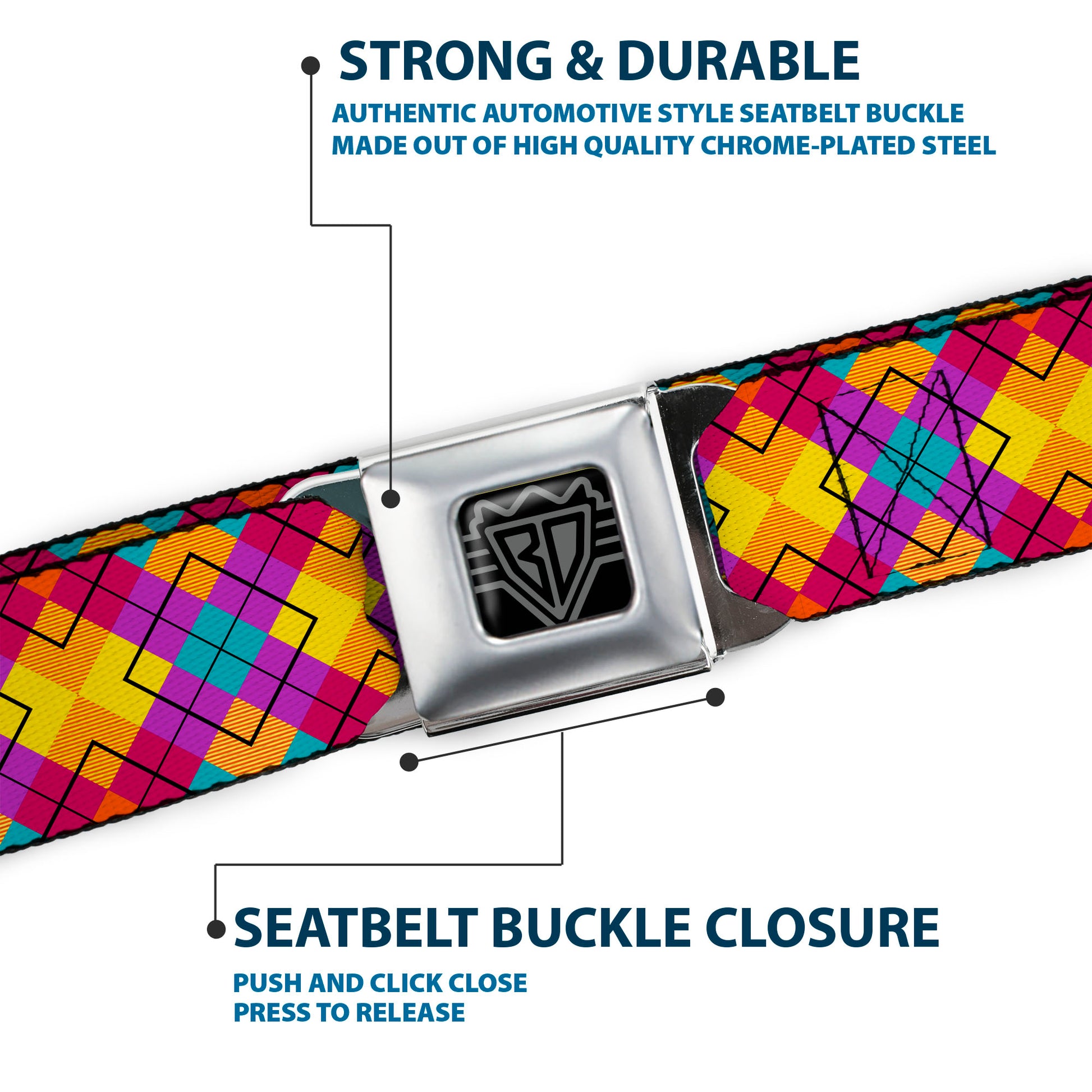 BD Wings Logo CLOSE-UP Full Color Black Silver Seatbelt Belt - Diamond Plaid Orange/Yellow/Blue/Purple/Fuchsia Webbing Seatbelt Belts Buckle-Down