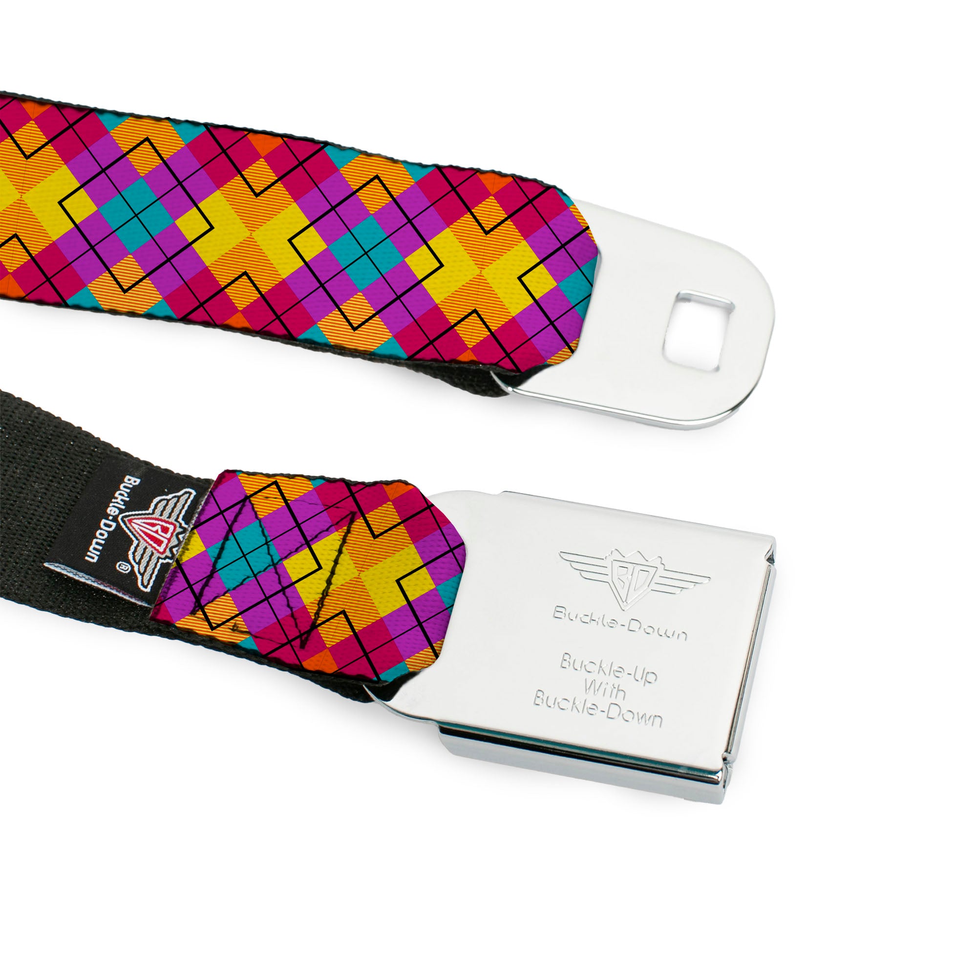 BD Wings Logo CLOSE-UP Full Color Black Silver Seatbelt Belt - Diamond Plaid Orange/Yellow/Blue/Purple/Fuchsia Webbing Seatbelt Belts Buckle-Down