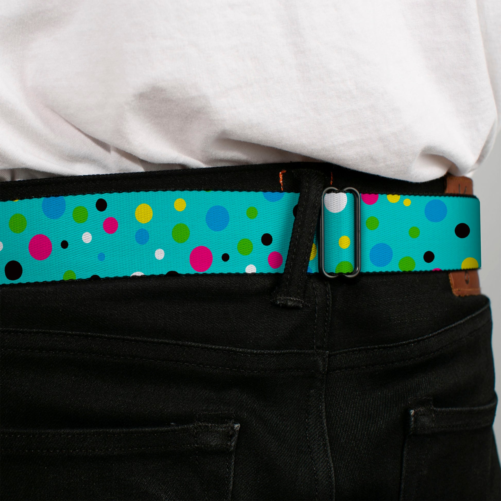 BD Wings Logo CLOSE-UP Full Color Black Silver Seatbelt Belt - Dots Seafoam Green/Multi Pastel Webbing Seatbelt Belts Buckle-Down