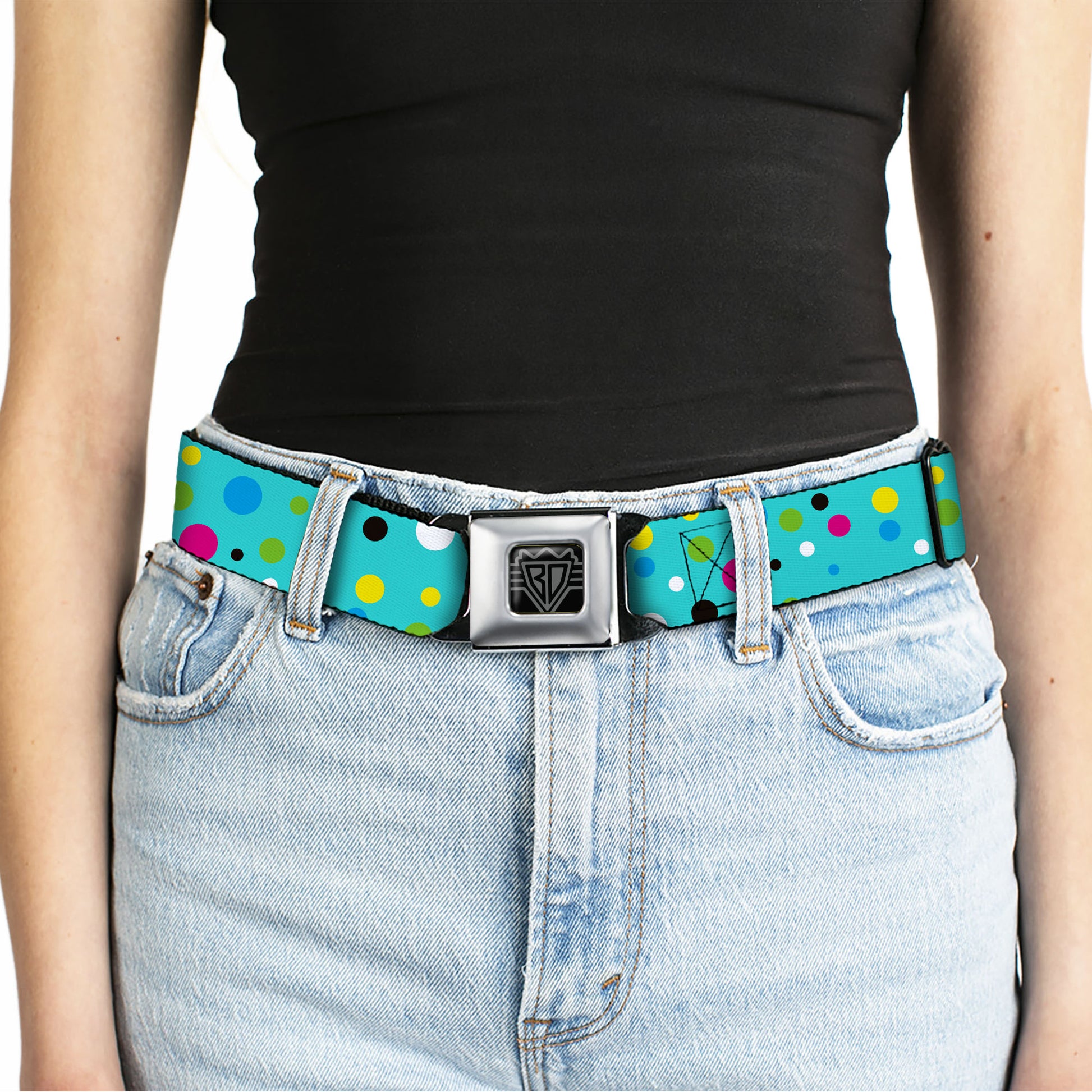 BD Wings Logo CLOSE-UP Full Color Black Silver Seatbelt Belt - Dots Seafoam Green/Multi Pastel Webbing Seatbelt Belts Buckle-Down