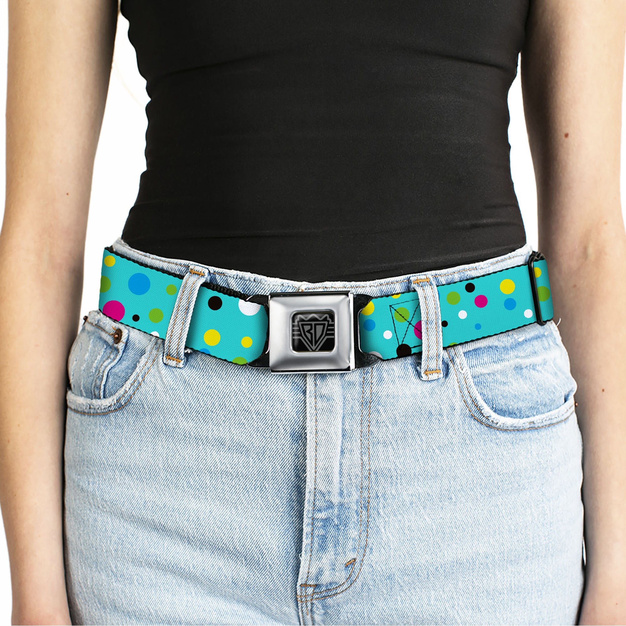 BD Wings Logo CLOSE-UP Full Color Black Silver Seatbelt Belt - Dots Seafoam Green/Multi Pastel Webbing Seatbelt Belts Buckle-Down