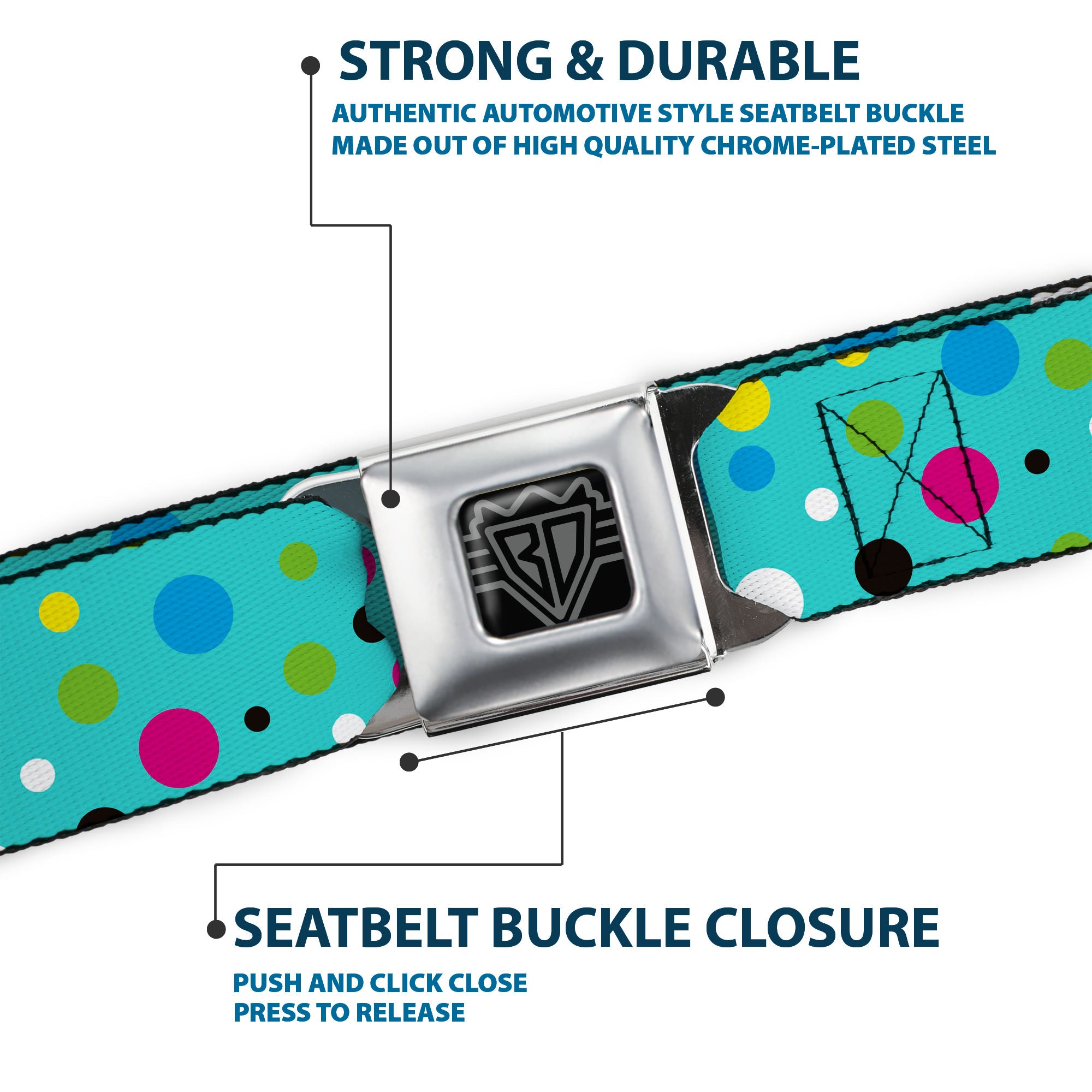 BD Wings Logo CLOSE-UP Full Color Black Silver Seatbelt Belt - Dots Seafoam Green/Multi Pastel Webbing Seatbelt Belts Buckle-Down