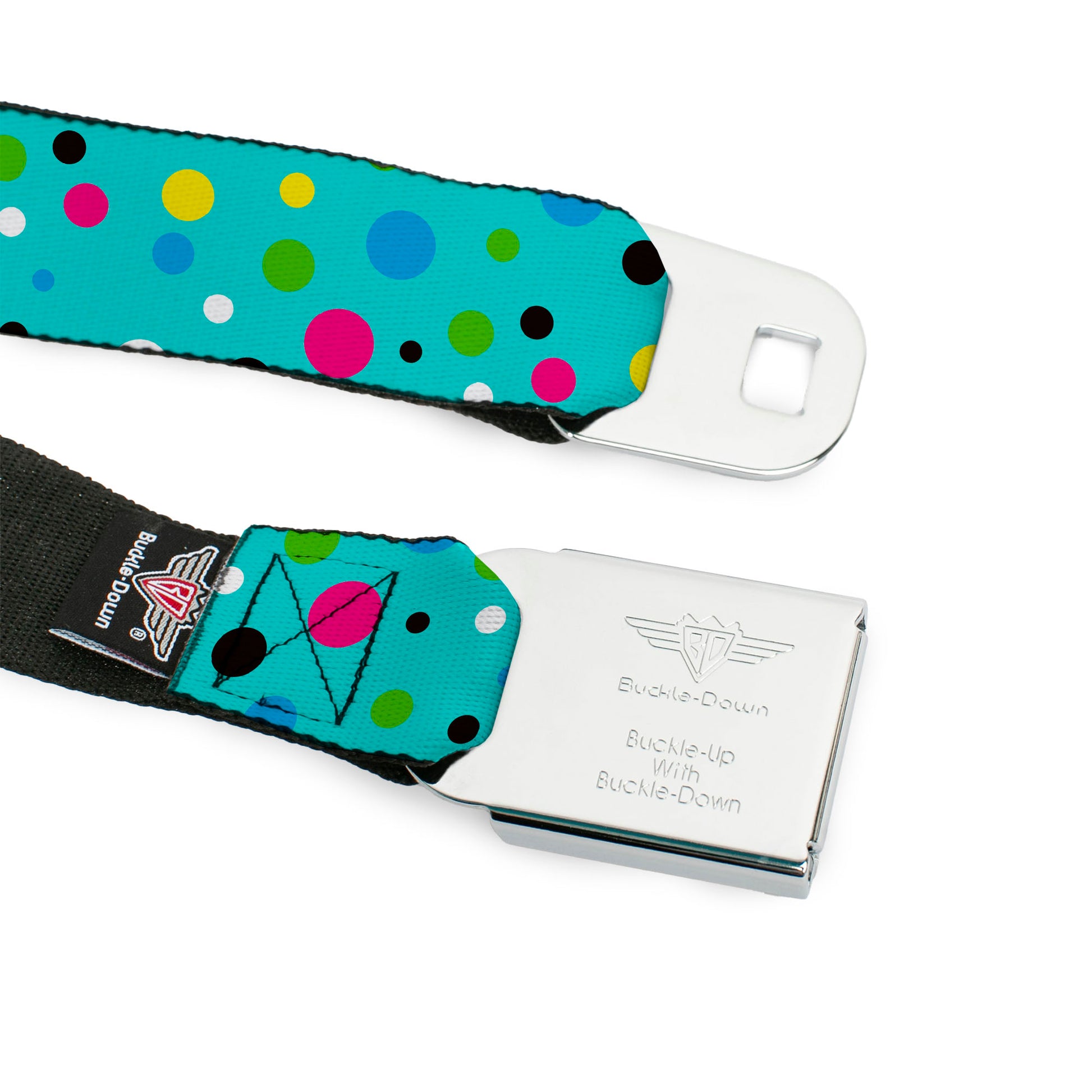 BD Wings Logo CLOSE-UP Full Color Black Silver Seatbelt Belt - Dots Seafoam Green/Multi Pastel Webbing Seatbelt Belts Buckle-Down
