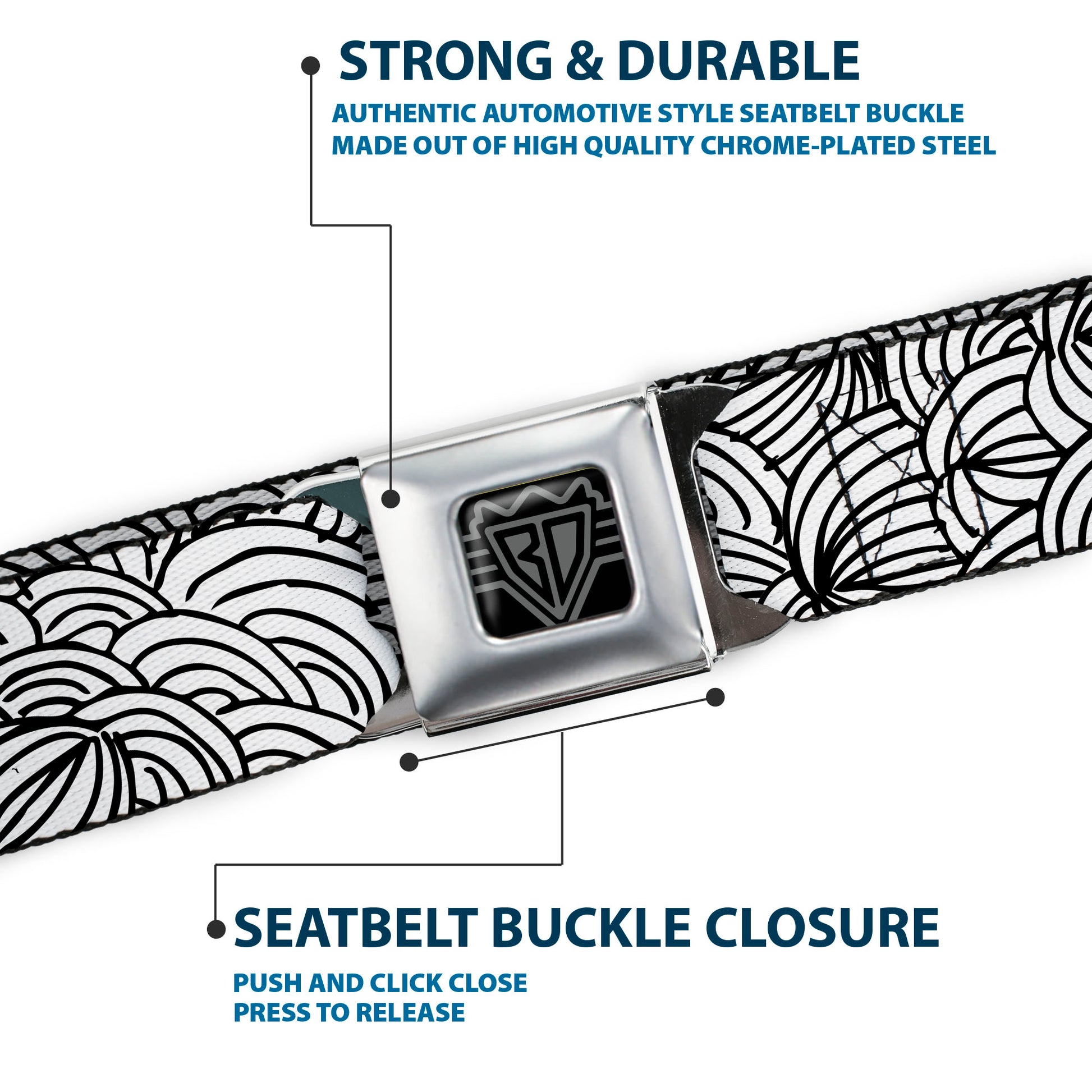 BD Wings Logo CLOSE-UP Full Color Black Silver Seatbelt Belt - Doodle1 White/Black Webbing Seatbelt Belts Buckle-Down