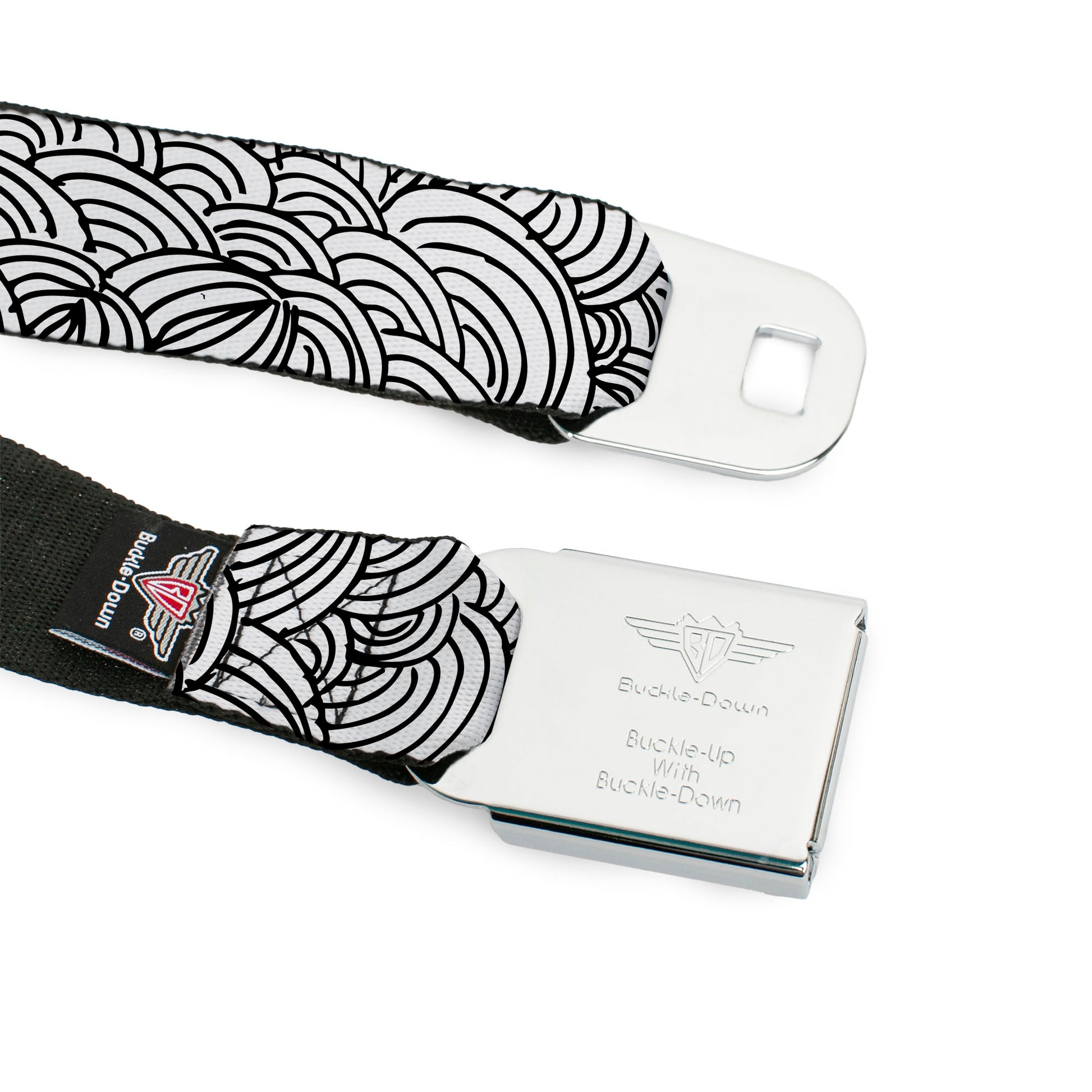 BD Wings Logo CLOSE-UP Full Color Black Silver Seatbelt Belt - Doodle1 White/Black Webbing Seatbelt Belts Buckle-Down