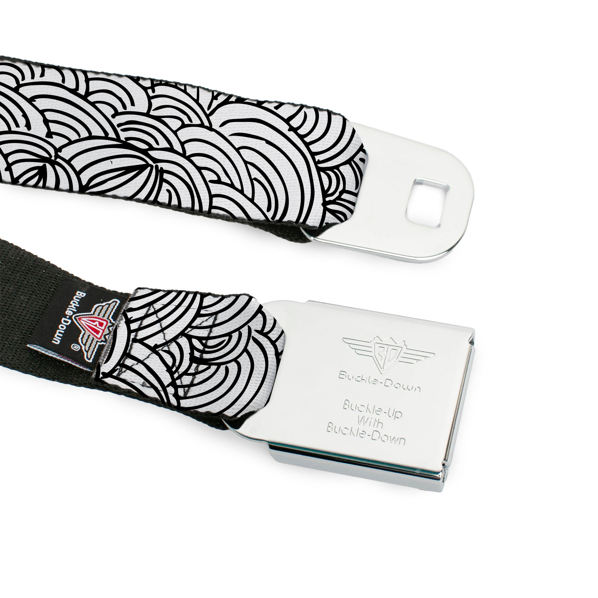 BD Wings Logo CLOSE-UP Full Color Black Silver Seatbelt Belt - Doodle1 White/Black Webbing Seatbelt Belts Buckle-Down