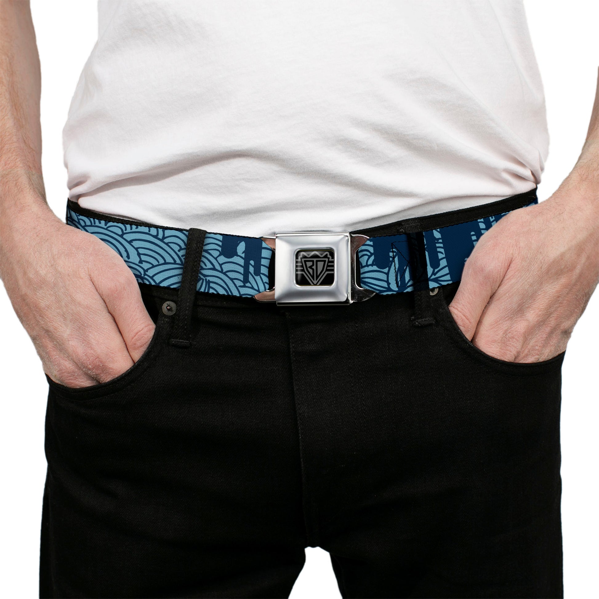 BD Wings Logo CLOSE-UP Full Color Black Silver Seatbelt Belt - Doodle1/Paint Drips Blues Webbing Seatbelt Belts Buckle-Down