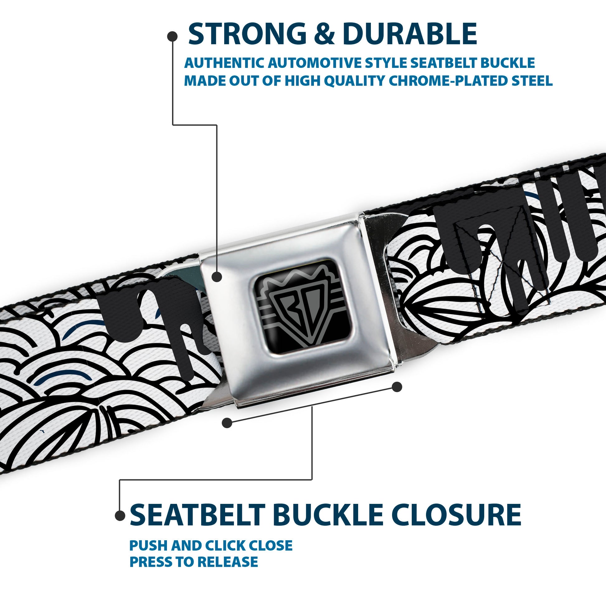 BD Wings Logo CLOSE-UP Full Color Black Silver Seatbelt Belt - Doodle1/Paint Drips White/Black Webbing Seatbelt Belts Buckle-Down