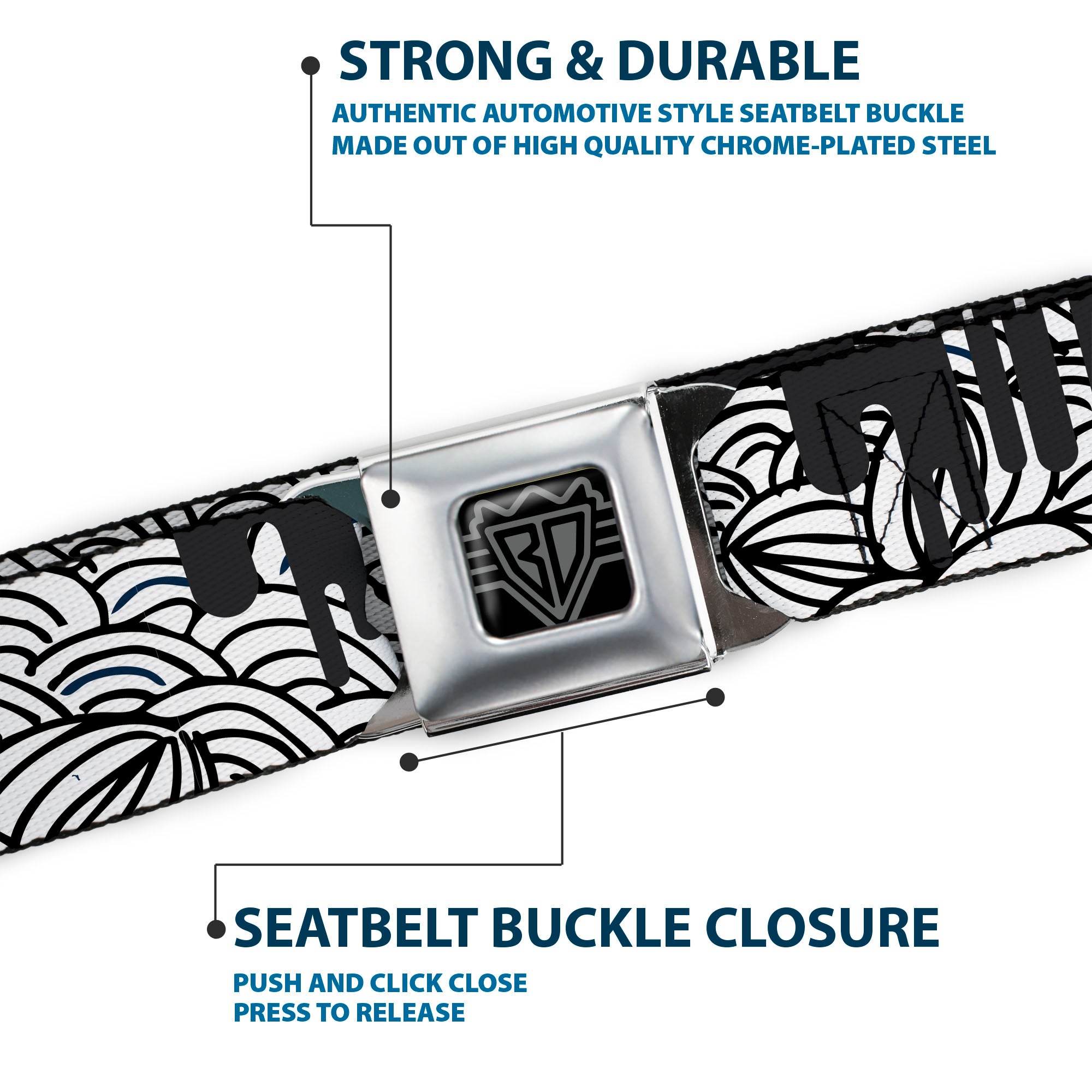 BD Wings Logo CLOSE-UP Full Color Black Silver Seatbelt Belt - Doodle1/Paint Drips White/Black Webbing Seatbelt Belts Buckle-Down