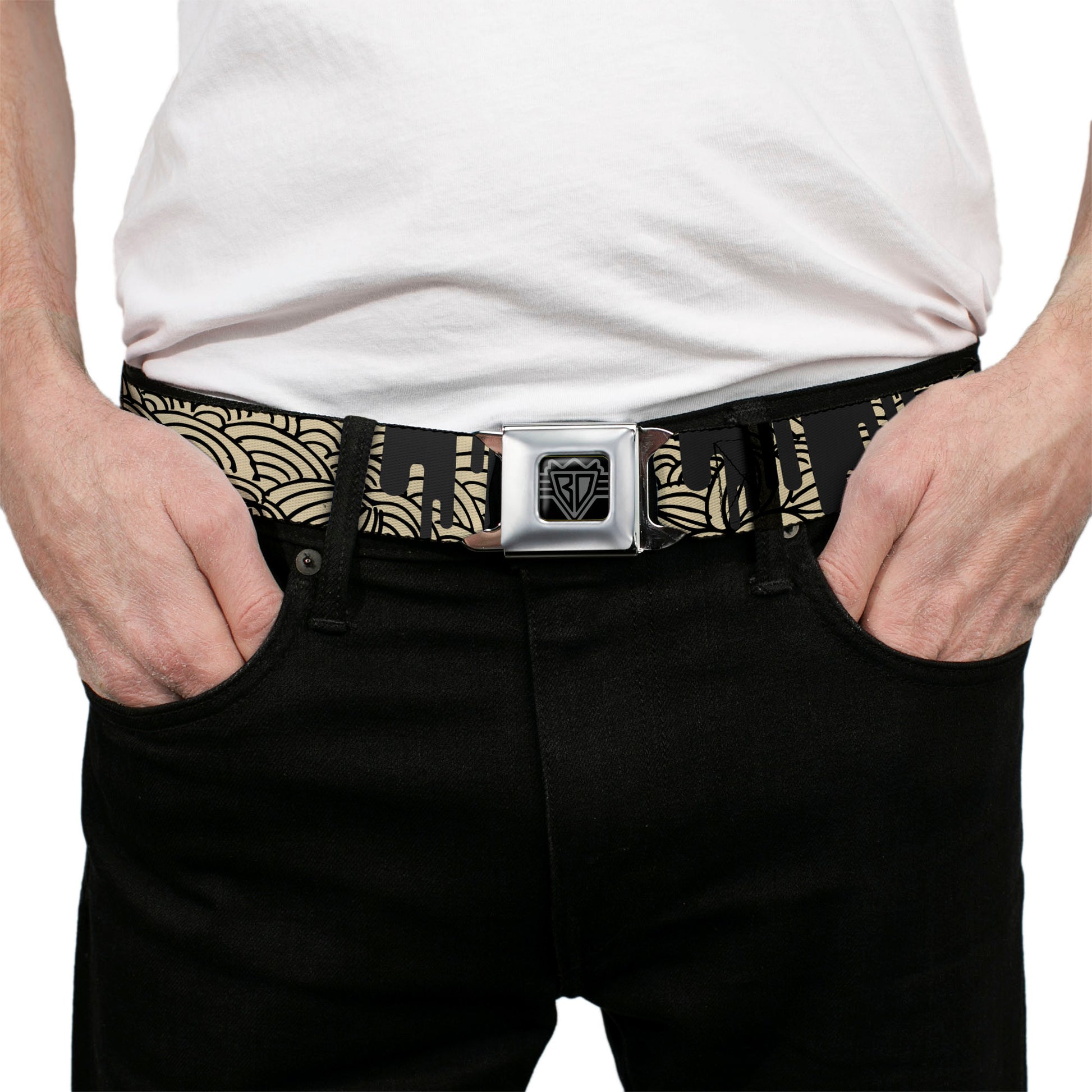 BD Wings Logo CLOSE-UP Full Color Black Silver Seatbelt Belt - Doodle1/Paint Drips Cream/Black Webbing Seatbelt Belts Buckle-Down