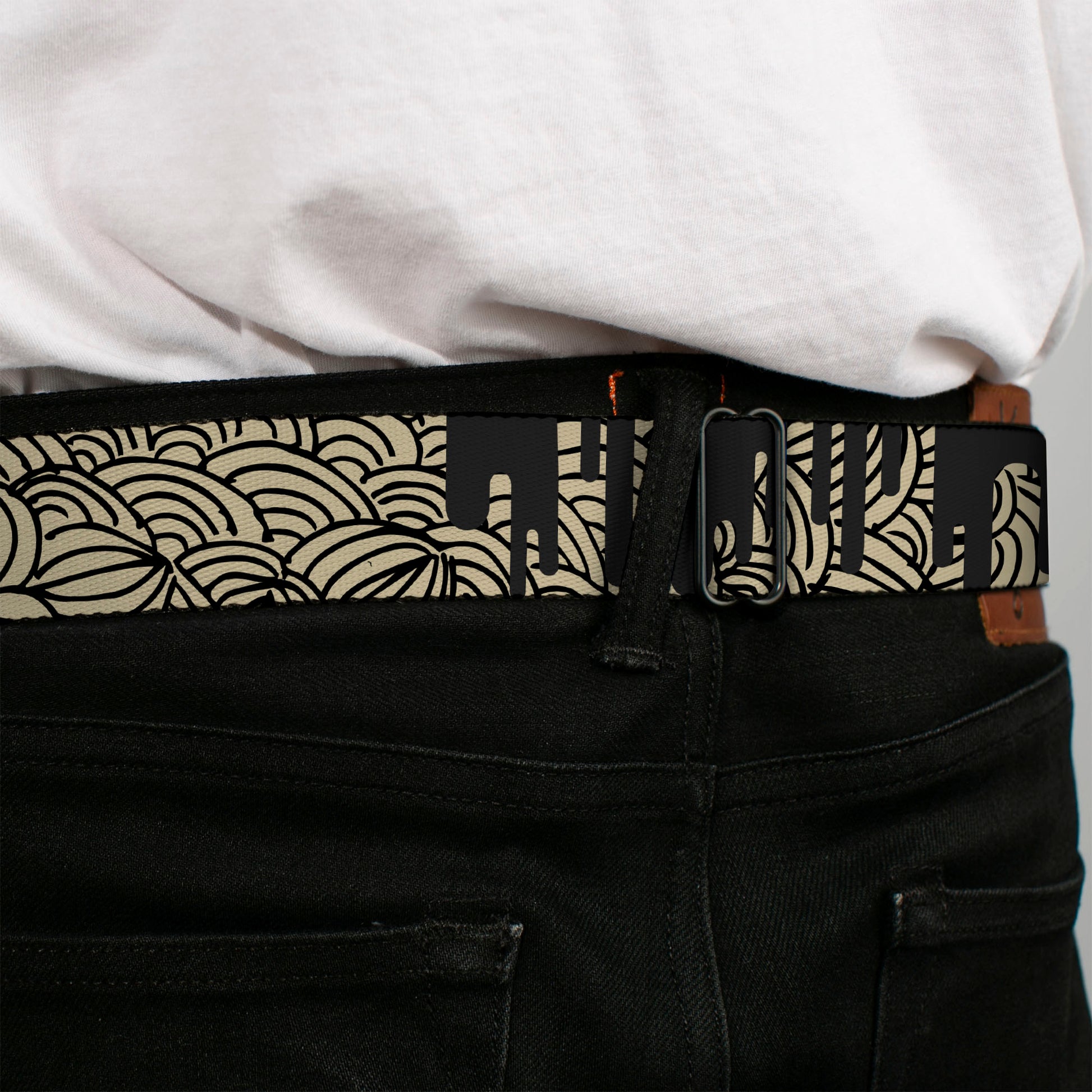 BD Wings Logo CLOSE-UP Full Color Black Silver Seatbelt Belt - Doodle1/Paint Drips Cream/Black Webbing Seatbelt Belts Buckle-Down