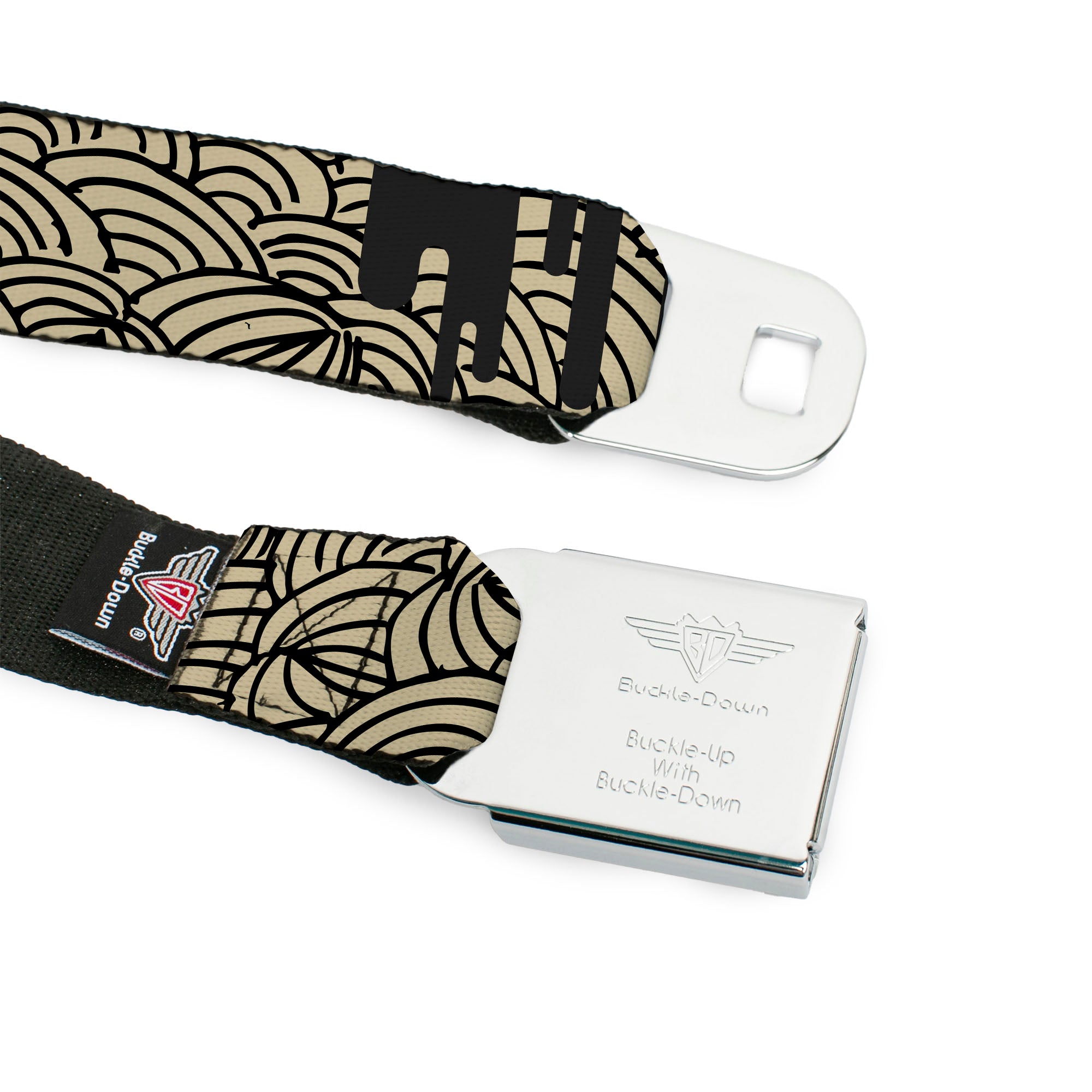 BD Wings Logo CLOSE-UP Full Color Black Silver Seatbelt Belt - Doodle1/Paint Drips Cream/Black Webbing Seatbelt Belts Buckle-Down