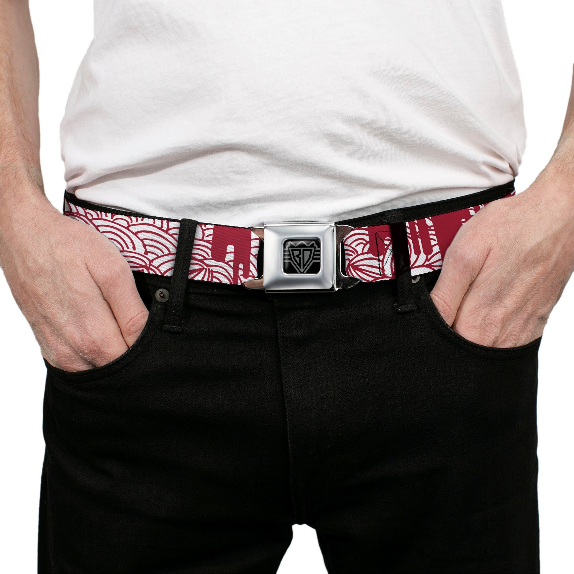 BD Wings Logo CLOSE-UP Full Color Black Silver Seatbelt Belt - Doodle1/Paint Drips White/Red Webbing Seatbelt Belts Buckle-Down