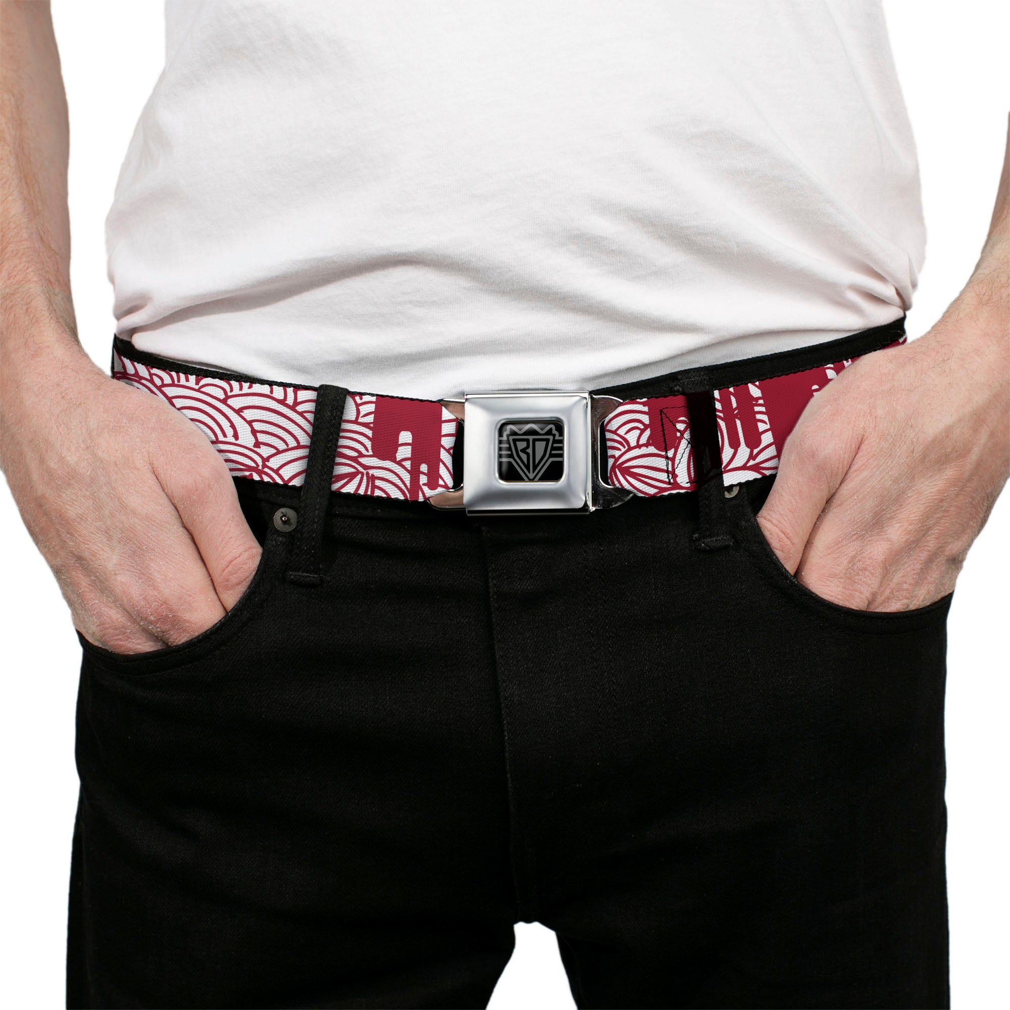 BD Wings Logo CLOSE-UP Full Color Black Silver Seatbelt Belt - Doodle1/Paint Drips White/Red Webbing Seatbelt Belts Buckle-Down