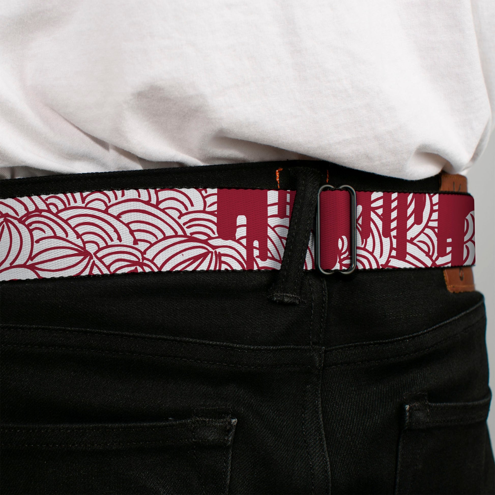 BD Wings Logo CLOSE-UP Full Color Black Silver Seatbelt Belt - Doodle1/Paint Drips White/Red Webbing Seatbelt Belts Buckle-Down