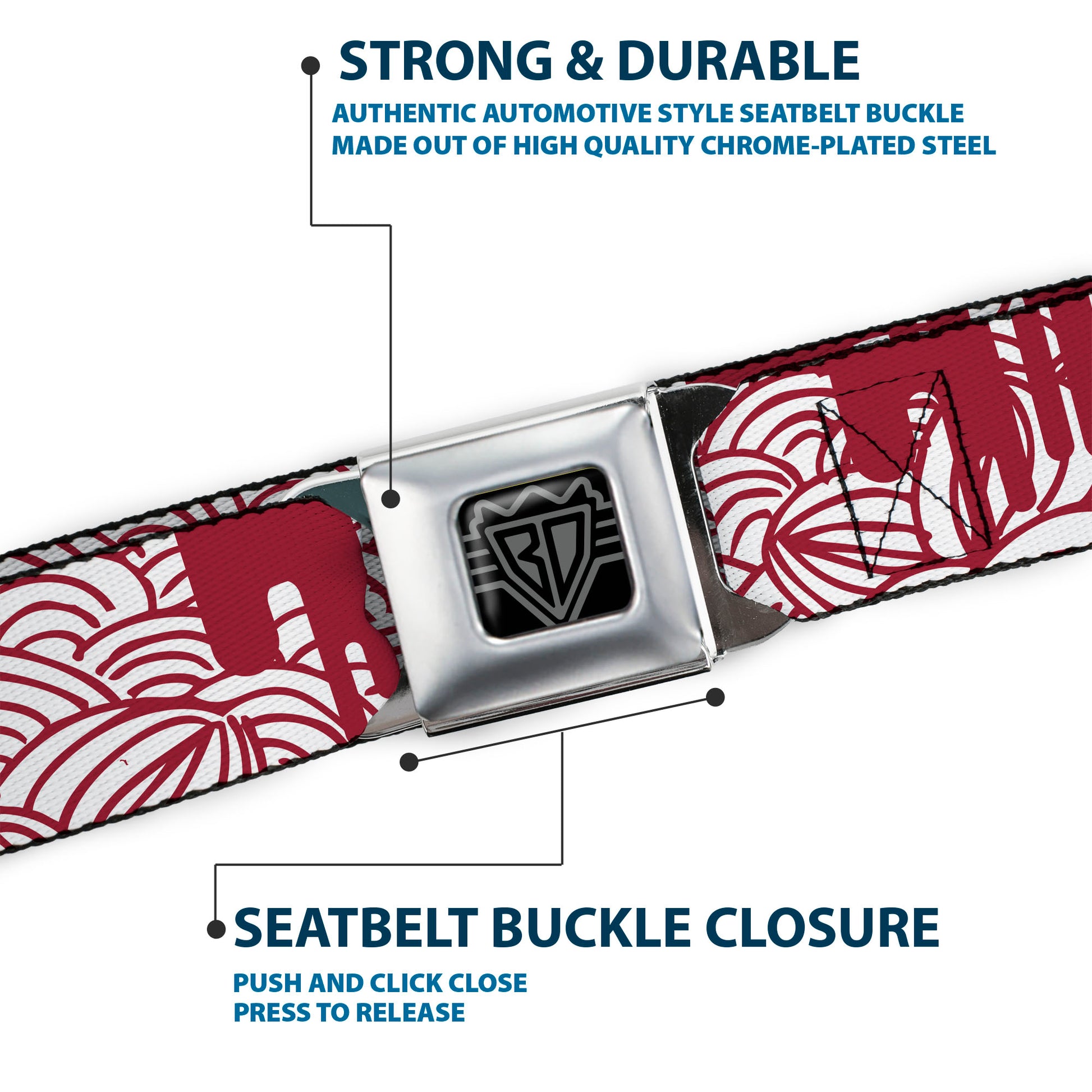 BD Wings Logo CLOSE-UP Full Color Black Silver Seatbelt Belt - Doodle1/Paint Drips White/Red Webbing Seatbelt Belts Buckle-Down