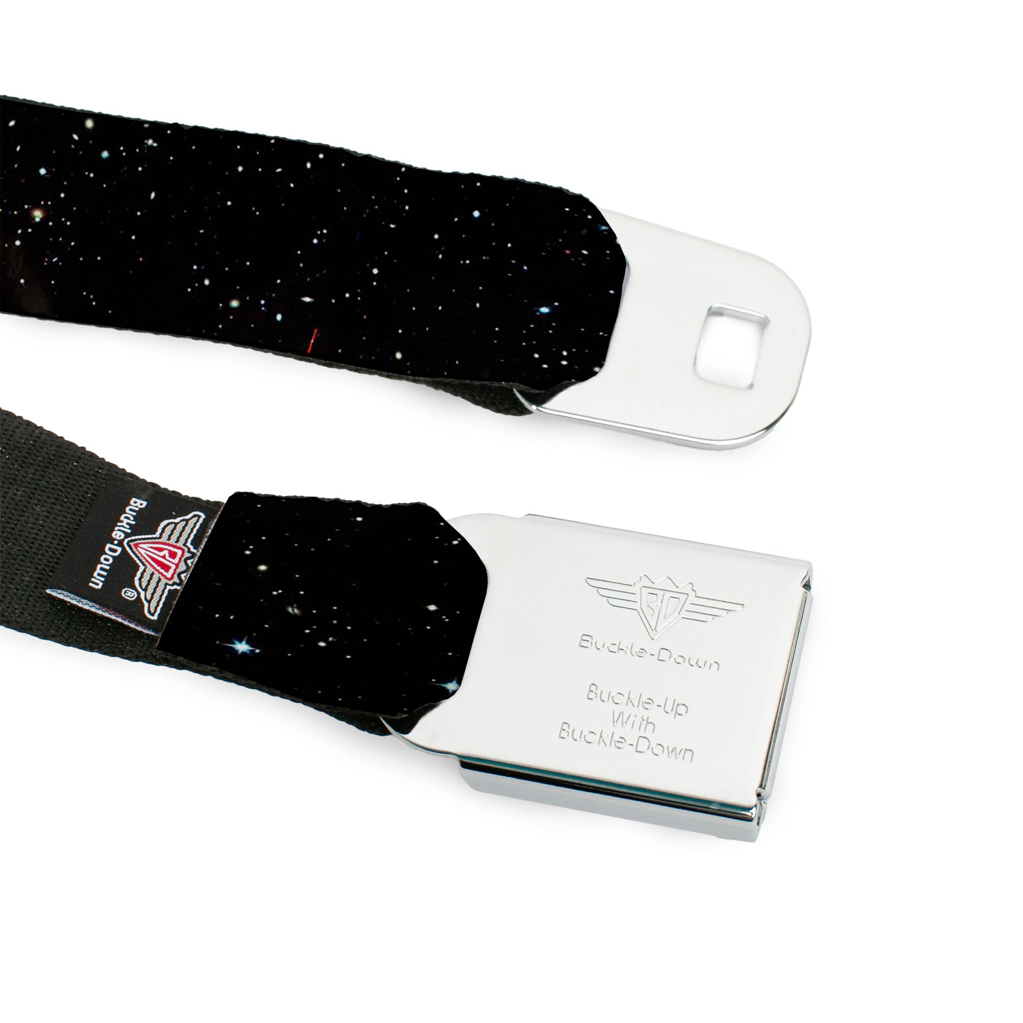 BD Wings Logo CLOSE-UP Full Color Black Silver Seatbelt Belt - Deep Space2 Black/White Webbing Seatbelt Belts Buckle-Down