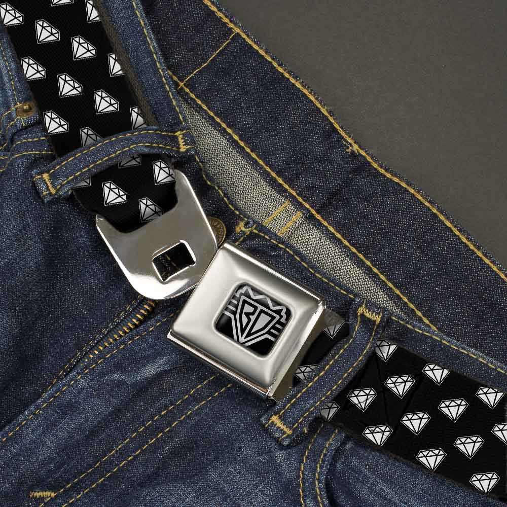 BD Wings Logo CLOSE-UP Full Color Black Silver Seatbelt Belt - Diamonds Diagonal Black/White Webbing Seatbelt Belts Buckle-Down