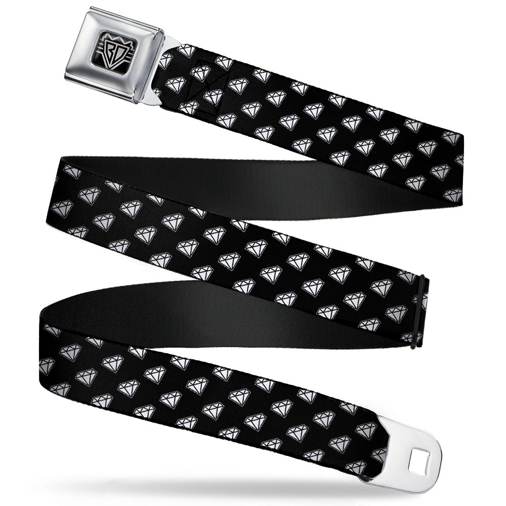 BD Wings Logo CLOSE-UP Full Color Black Silver Seatbelt Belt - Diamonds Diagonal Black/White Webbing Seatbelt Belts Buckle-Down