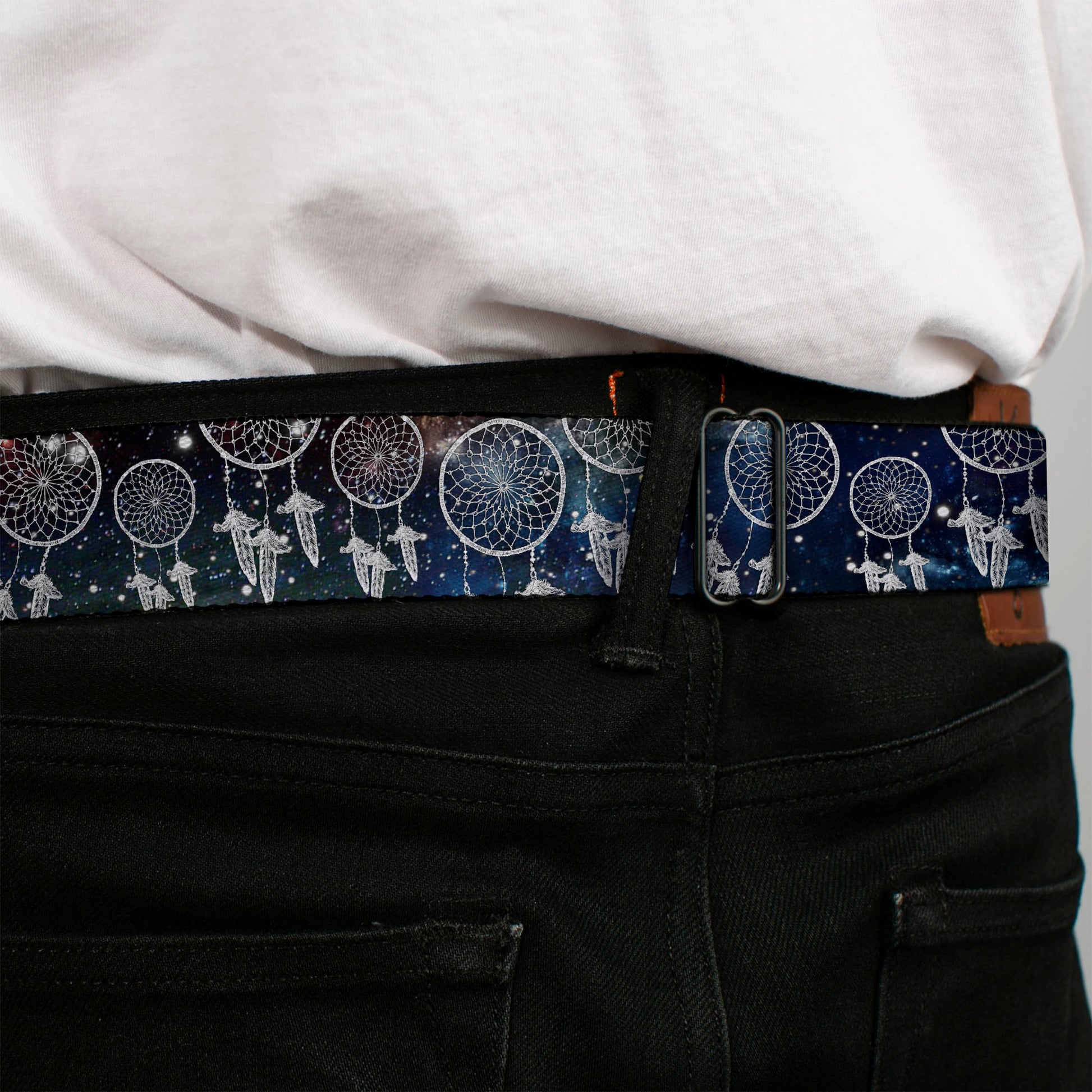 BD Wings Logo CLOSE-UP Full Color Black Silver Seatbelt Belt - Dream Catcher Galaxy/White Webbing Seatbelt Belts Buckle-Down