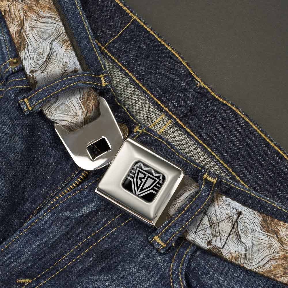 BD Wings Logo CLOSE-UP Full Color Black Silver Seatbelt Belt - Driftwood Grain Webbing Seatbelt Belts Buckle-Down