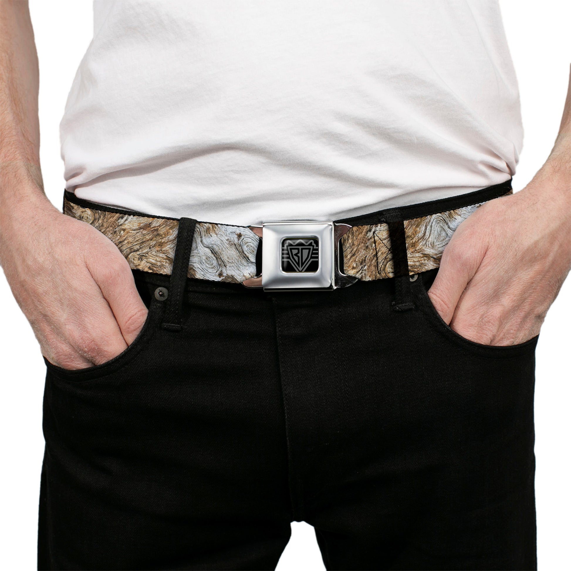 BD Wings Logo CLOSE-UP Full Color Black Silver Seatbelt Belt - Driftwood Grain Webbing Seatbelt Belts Buckle-Down