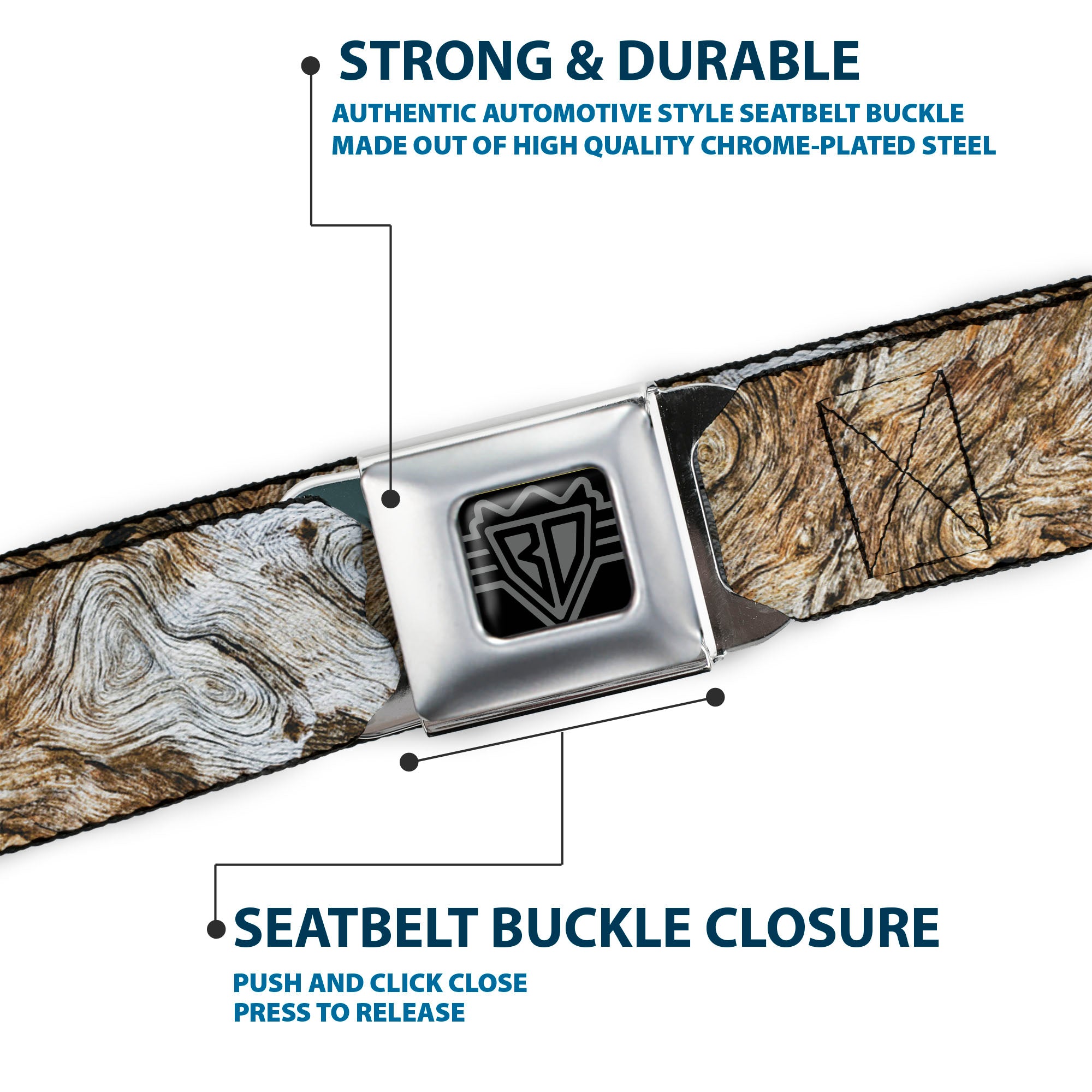 BD Wings Logo CLOSE-UP Full Color Black Silver Seatbelt Belt - Driftwood Grain Webbing Seatbelt Belts Buckle-Down