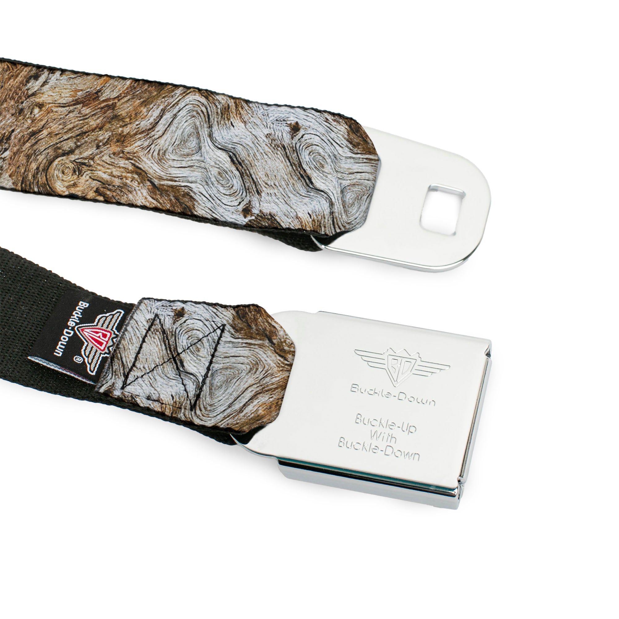 BD Wings Logo CLOSE-UP Full Color Black Silver Seatbelt Belt - Driftwood Grain Webbing Seatbelt Belts Buckle-Down